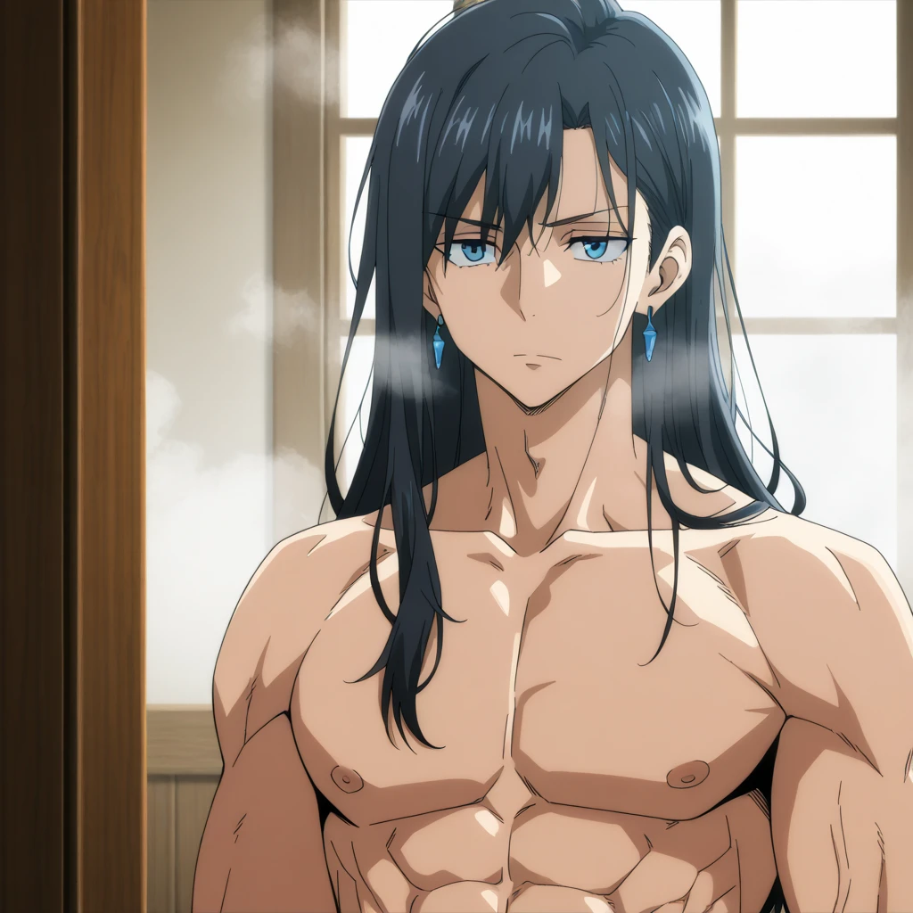 jinshi, long hair, ((BLACK hair)), ((blue eyes)), parted bangs, looking at viewer, low ponytail, solo, sweat, blurry background, topless male, 1boy, BREAK
score_9, score_8_up, score_7_up, score_6_up, anime ((belt))