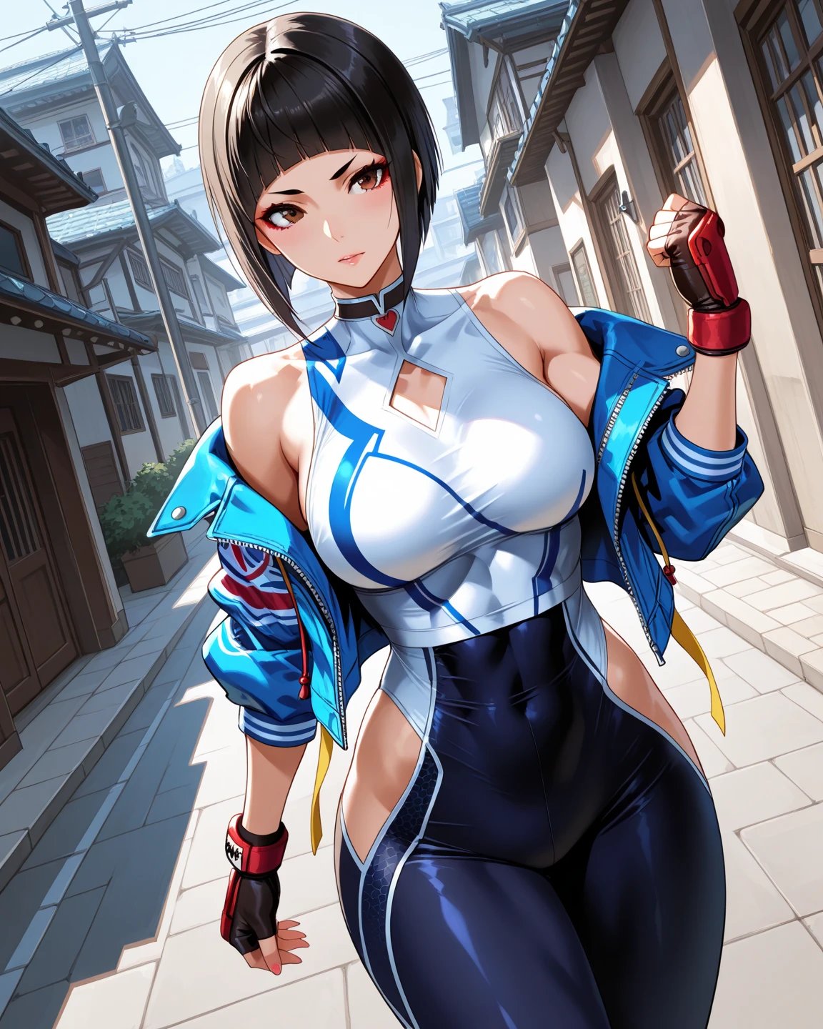 melhor qualidade,roupa azul,juri han,solo, masterpiece, best quality, agrias, grey sweater, black leotard, standing, looking at viewer, short hair,oculos,evil smile, evil look,luvas preta,roupa azul,yandere rosto,low lighting,coxa sarada copo detalhado,olhando para frente