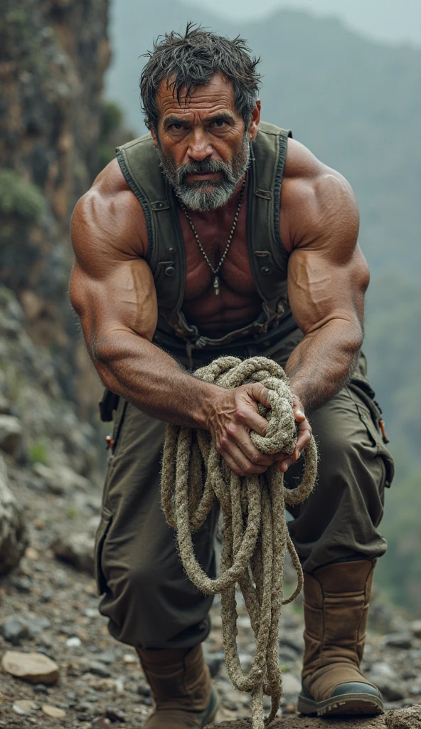 photorealistic real image, an extremely muscular elderly Spanish man with very wrinkled skin, is lifting large rusty weights, looking strained, in a weight training area on the beach in Malibu, palm trees, beach sand cement, with tattooed arms, black white tank top, camouflage pants, black sports wristbands, with blak sneakers, the floor is cement with areas of beach sand, street lamps, bright colors, brick walls, lighting with midday light, sunlight plays with the puddles of water and the colors and sweat of the man, a sporty image, a colorful atmosphere. very old man, in the background you can see something skating with bright colors.