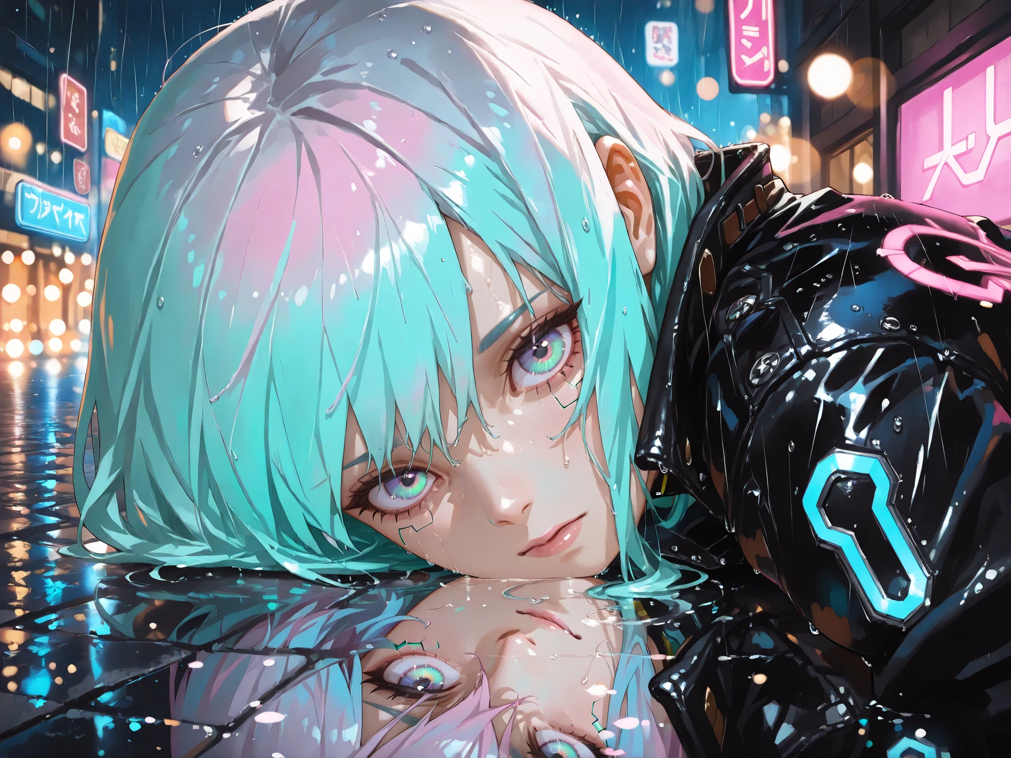 (best quality, masterpiece:1.2), cyberpunk girl with neon tattoos, futuristic tokyo street, night, glowing signs, rain, reflections, cinematic lighting, photorealistic, 8k, detailed skin texture, wet pavement, moody atmosphere, (by beeple and syd mead), (bokeh), highly detailed eyes, cybernetic implants, leather jacket