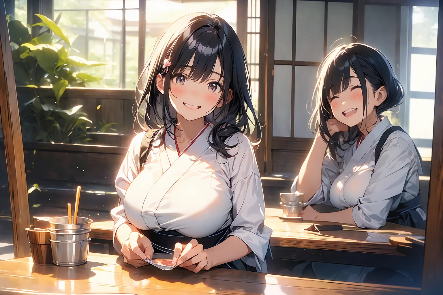 ((Highest quality)), ((masterpiece)), (detailed), One girl, yukata, Drink coffee, night,indoor, Perfect Fingers, Large Breasts
