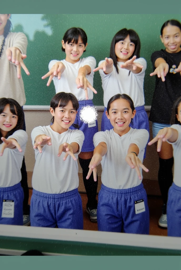 A tanned elementary school girl in a camisole raising her arms in the air