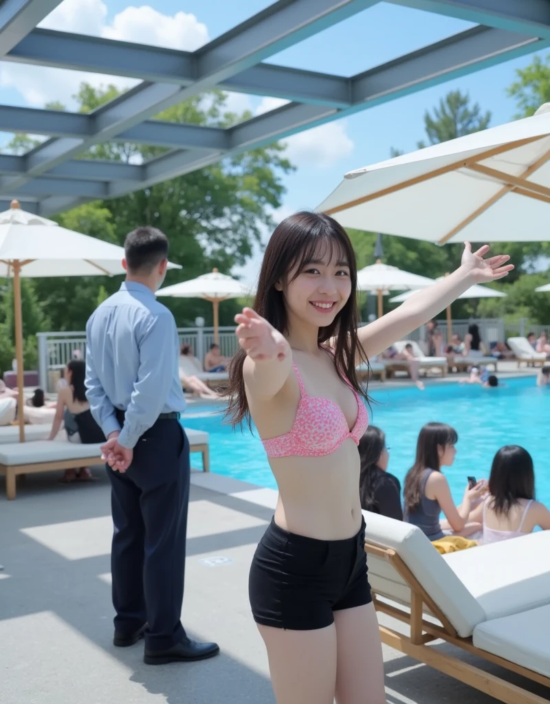 (((she is in a bikini)))、masterpiece、超High resolution、She is very cute and young like an idol...々Cute 18 year old business woman、Gentle and cute、A kind smile、Medium Bust、(Office with business desk in building)、((She is having a conversation with a male employee wearing a women&#39;s bikini)).　whole body、RAW Photos、Genuine、High resolution、Live Action