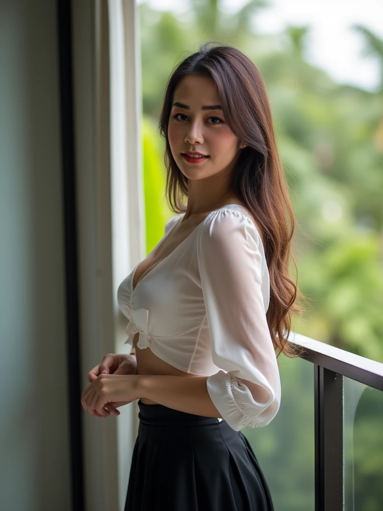 1girl, 23 year old white girl、Full-body image, barefoot wearing sandals, Javanese face, Hair is brunette、Eye color is brown、Longhair、hair tied loosely、Slender but well-proportioned muscular body, ((unbottoned shirt)), have big breast, cleavage, the belly button is out、wearing tiny short jeans、wearing a thin gold necklace、accessories on the wrist、setting hair、a smile、happy face, I have a phonecall on handphone, walking on residential alley in bali.、I'm so excited、I'm pulling my hair up