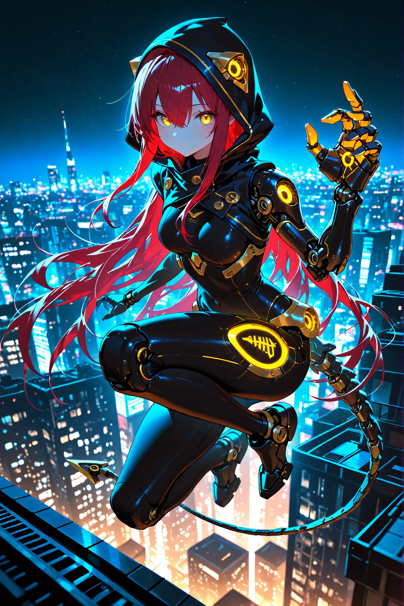 (EyesHD:1.2), masterpiece, 1 girl , golden eyes , very long hair , long sidelocks, red hair , petite , very cute , beautiful ,Straight hair, cool, handsome, hair between eyes, sexy, female, medium breasts, lovely, (cute face, kawaii, very cute), solo, mechanical tail, turquoise hair, glowing circuits, mechanical arm, mismatched arms, one mechanical claw, hand, hoodie, hood up, torn sleeve, leaping, midair, crouch, night, city, rooftop, jumping between rooftops, wide shot, best quality, ultra-detailed, very aesthetic, sharp focus, depth of field, vibrant colors, ray tracing, best lighting, detailed illustration, detailed background, cinematic, beautiful face, beautiful eyes, ,Hiori Light Art, Backlight