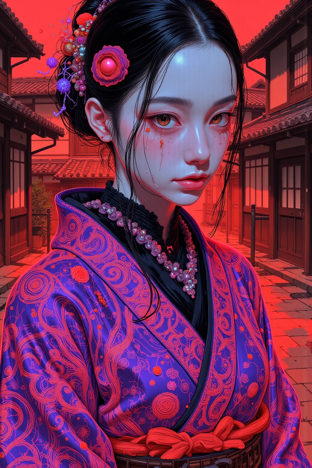 Portrait of a woman in mythical Japanese clothes drawn on a black background,in an Edo period castle town,skin with a ghost like white texture,Lifeless,Dark eyes without irises,uneasy expression,,Traditional Japanese tiled buildings in the background,Patterns engraved on kimonos,Horror Elements,with red and purple tones overall、dreamy and eerie atmosphere,high resolution, Dark fantasy illustration., Mysterious and strange ,    nightmarish concept art    ,ブラッドボーン  rpg concept art  ,   high definition character    ,超high resolutionの画像 ,   rpg concept art   , Bloodborne game character art ,Highly detailed line art, brightly saturated ink painting,  DMT Egodes  

