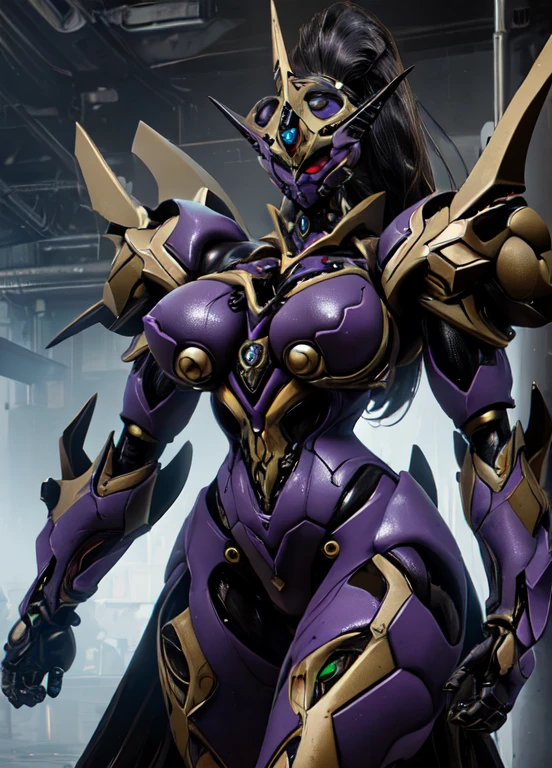 Cartoon photo of a woman in a beautiful purple costume、Hot insect humanoid female、a person々takeout、Guyver Style、SFW version、Scarabeleploid、tail、Full Face Mask Cell Shade Adult Animation、Alien Queen、