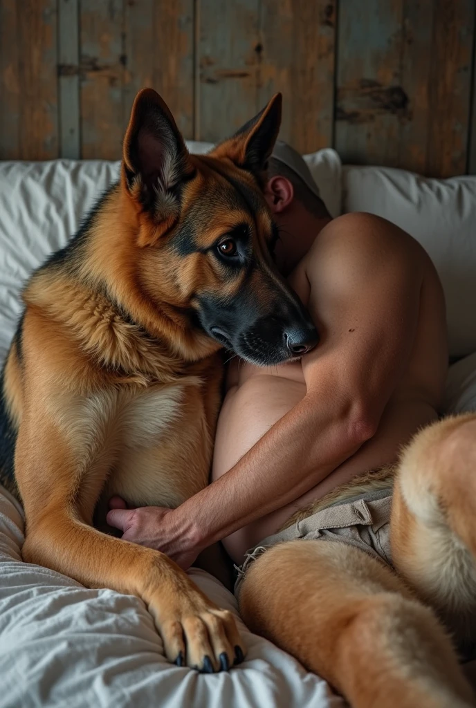 Wild dog, furry owner, two males, visible genitals, furry owner pleasuring the dog, canine penis, dog lifting butt up and owner fucking it, wild dog moaning, owner fucking, cum, dog drooling with pleasure, in bed, dog whining, german shepherd,