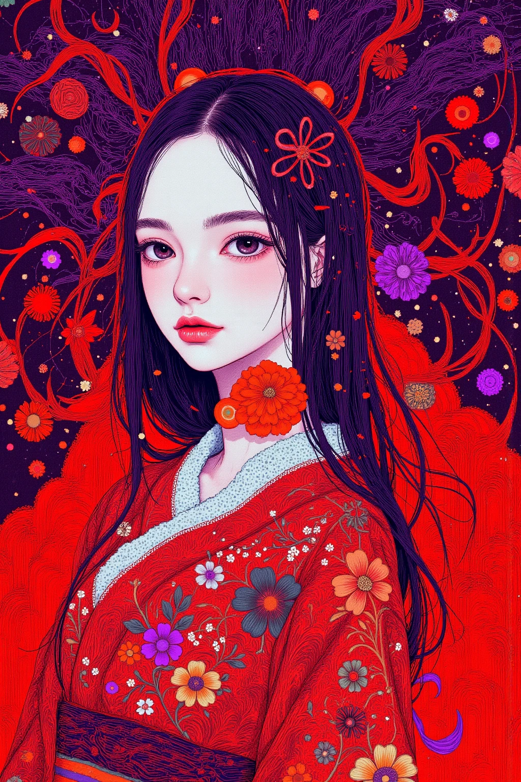 Portrait of a woman in mythical Japanese clothes drawn on a black background,in an Edo period castle town,skin with a ghost like white texture,Lifeless,Dark eyes without irises,uneasy expression,,Traditional Japanese tiled buildings in the background,Patterns engraved on kimonos,Horror Elements,with red and purple tones overall、dreamy and eerie atmosphere,high resolution, Dark fantasy illustration., Mysterious and strange ,    nightmarish concept art    ,ブラッドボーン  rpg concept art  ,   high definition character    ,超high resolutionの画像 ,   rpg concept art   , Bloodborne game character art ,Highly detailed line art, brightly saturated ink painting,  DMT Egodes  
