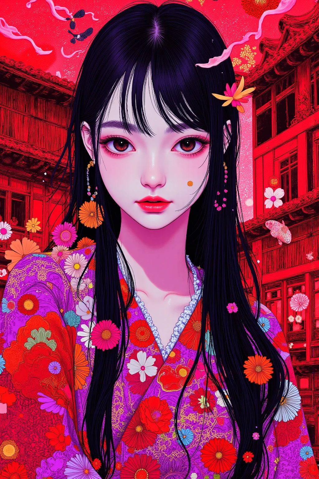 Portrait of a woman in mythical Japanese clothes drawn on a black background,in an Edo period castle town,skin with a ghost like white texture,Lifeless,Dark eyes without irises,uneasy expression,,Traditional Japanese tiled buildings in the background,Patterns engraved on kimonos,Horror Elements,with red and purple tones overall、dreamy and eerie atmosphere,high resolution, Dark fantasy illustration., Mysterious and strange ,    nightmarish concept art    ,ブラッドボーン  rpg concept art  ,   high definition character    ,超high resolutionの画像 ,   rpg concept art   , Bloodborne game character art ,Highly detailed line art, brightly saturated ink painting,  DMT Egodes  
