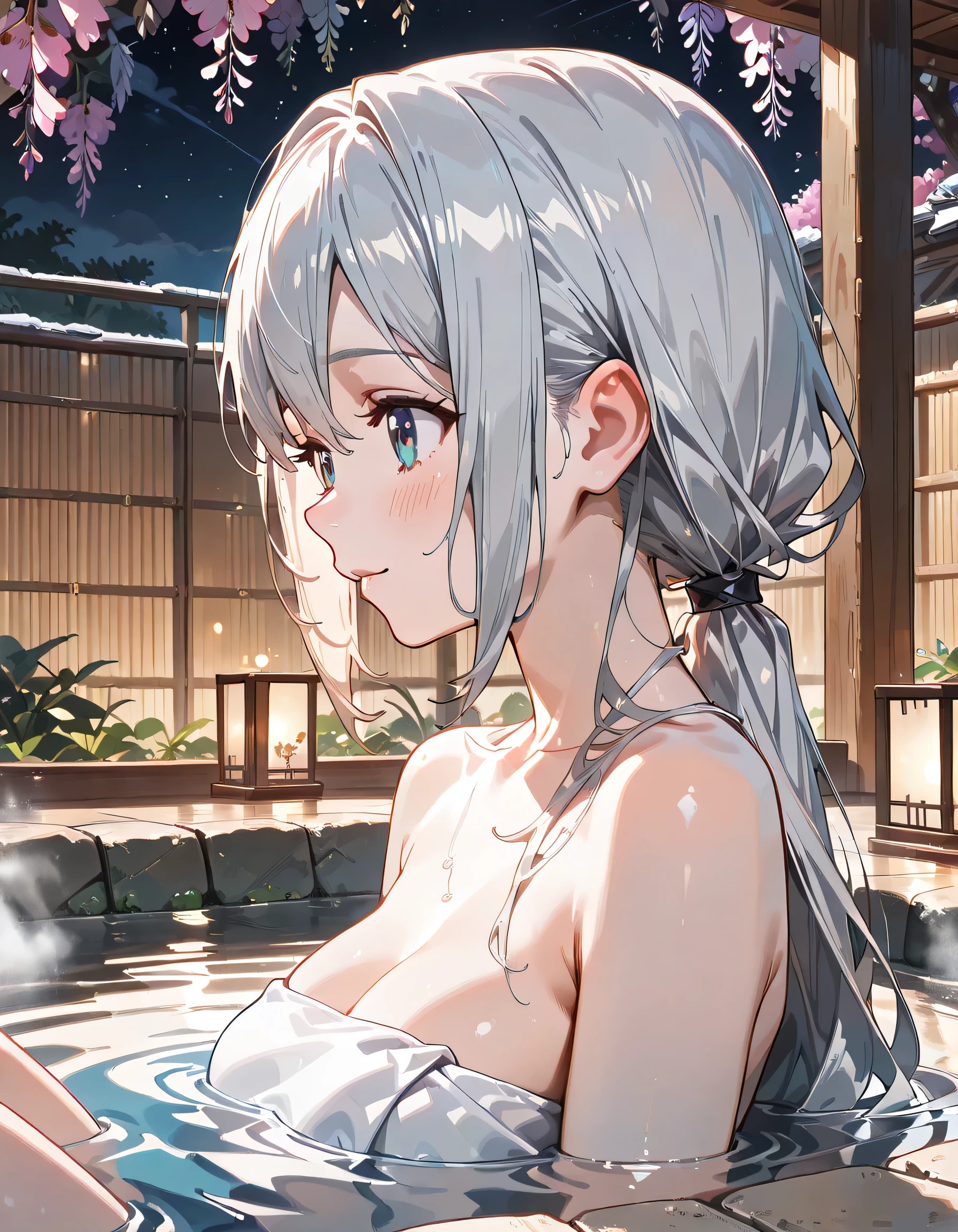 ((ultra-detailed)), (highly detailed CG illustration), (best quality:1.2), ultra-highly detailed, colorful composition, artistic photoshoot, 1 girl, solo focus, upper body, moe anime character, dainty facial structure, baby face, round face, rounded chin:1.2, ideal ratio body proportions, blue eyes, sparkle eyes, silver hair color, ponytail, ample breast, soak in the hot spring, smile:1.4, happy:1.3, joyful:1.3, open mouth, blush:1.3, Hot spring with a view of wisteria blossoms in full bloom:1.4, Beautiful blue starry sky, night, hot spring steam, from side, best quality, masterpiece, expecting, pink cheek, blush, light pink gloss slip, portrait, depth of field, poured sunlight, sidelighting, shine, lighting, caustics, ray tracing, perfect face, lustrous skin, highly detailed face, highly detailed eyes, perfect face, perfect nose, perfect hair, perfect eyes, perfect anatomy, beautiful hair, beautiful small face, extremely detailed face, beautiful detailed eyes, beautiful clavicle, beautiful body, beautiful breasts, leavage, breasts squeezed together, equalize the size of the left and right breasts, beautiful fingers, 4 fingers, 1 thumb, lovely, (very detailed background:1.0), (highly detailed background:1.0), intricate details, spring aesthetic, fun atmosphere in a tourist spot, spring color palette, chromatic aberration