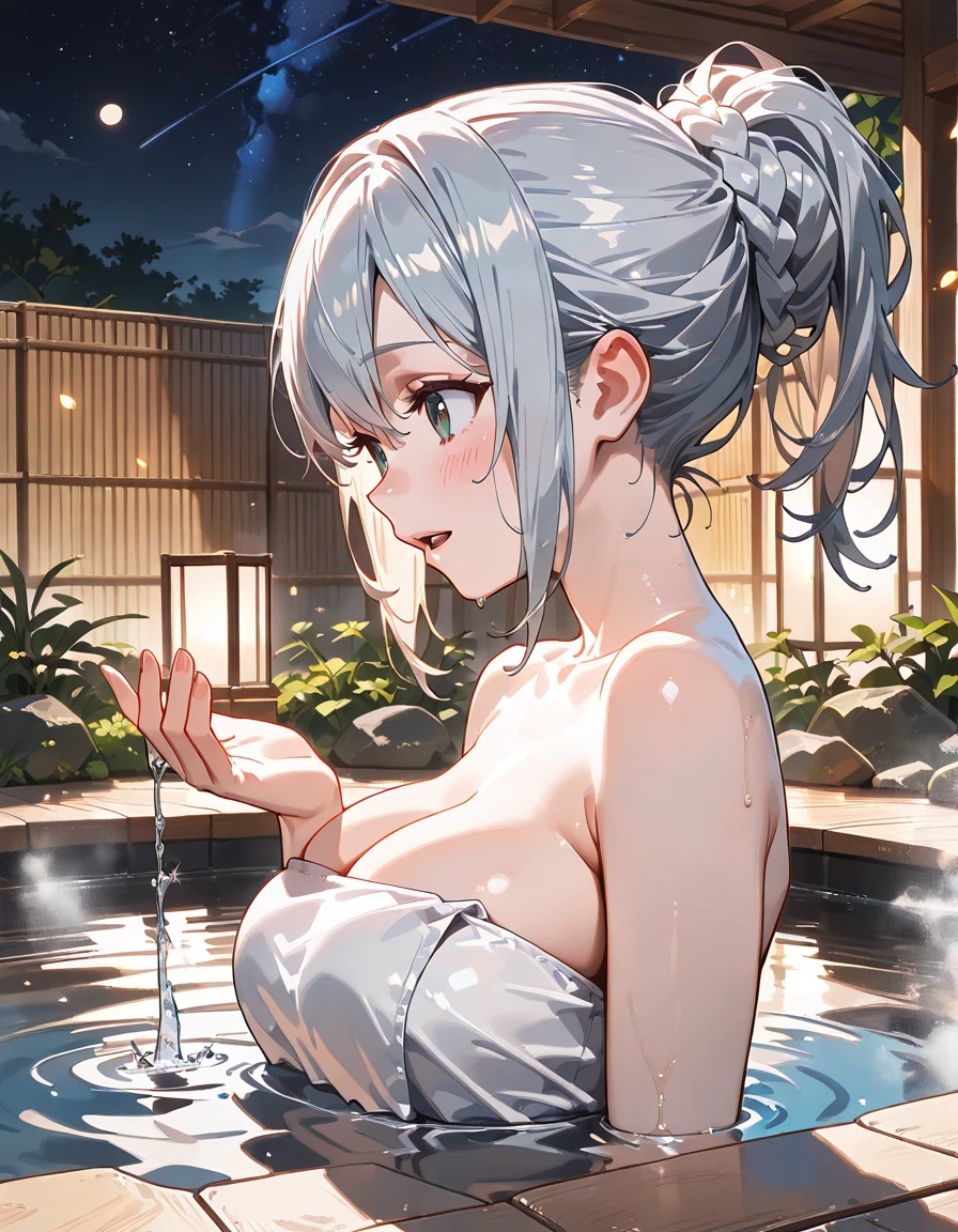 masterpiece, super fine illustration, best quality, light particles, ultra detailed, perfect anatomy, Japanese anime style, 8K,shiny hair, shiny skin, oily skin,1girl, 1man, pov, hetero, vaginal, sex, upright straddle, straddling, girl on top, mixed-sex bathing,tareme,orgasm,(bouncing breasts1.2),heavy breathing, slender body,head back, open mouth, head back, BREAK completely nude, (faceless male:1.1),,(sound effects:1.5,Japanese),onsen