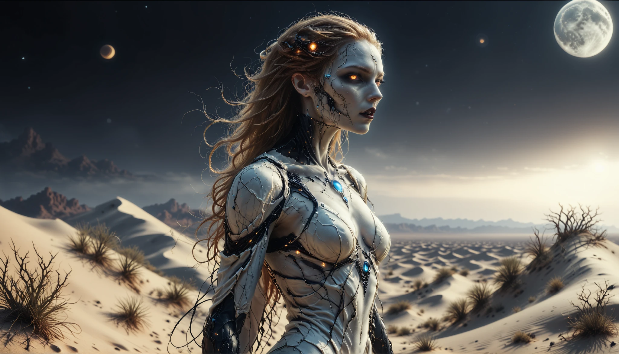 cybernetic corruption, seductive cybernatic vampire,Moonlit Desert: Vampire with sandy hair, copper ocular implants, wearing a mini white tunic,She stands atop a dune under two moons, windswept and utterly alone.