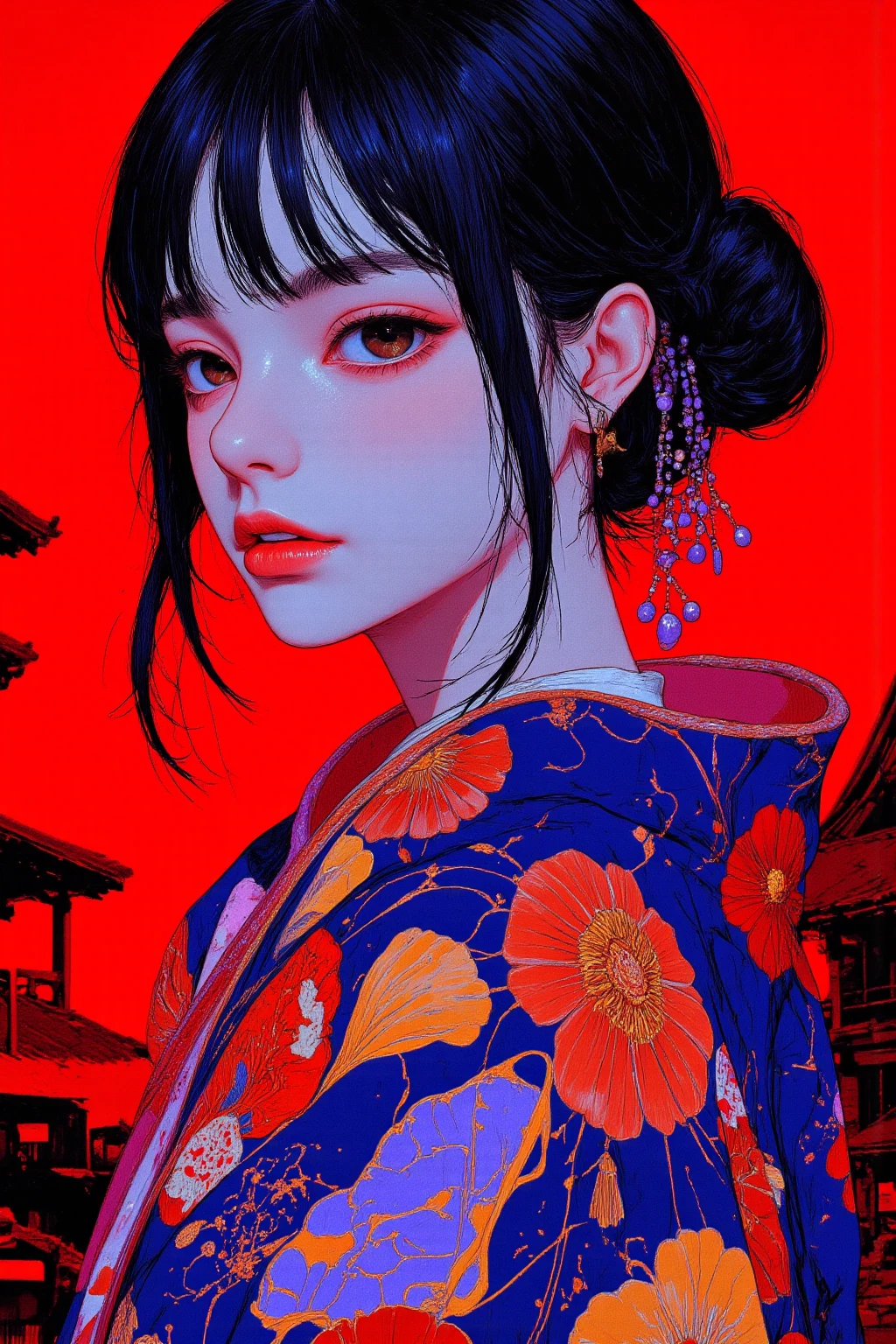 Portrait of a woman in mythical Japanese clothes drawn on a black background,in an Edo period castle town,skin with a ghost like white texture,Lifeless,Dark eyes without irises,uneasy expression,,Traditional Japanese tiled buildings in the background,Patterns engraved on kimonos,Horror Elements,with red and purple tones overall、dreamy and eerie atmosphere,high resolution, Dark fantasy illustration., Mysterious and strange ,    nightmarish concept art    ,ブラッドボーン  rpg concept art  ,   high definition character    ,超high resolutionの画像 ,   rpg concept art   , Bloodborne game character art ,Highly detailed line art, brightly saturated ink painting,  DMT Egodes  
