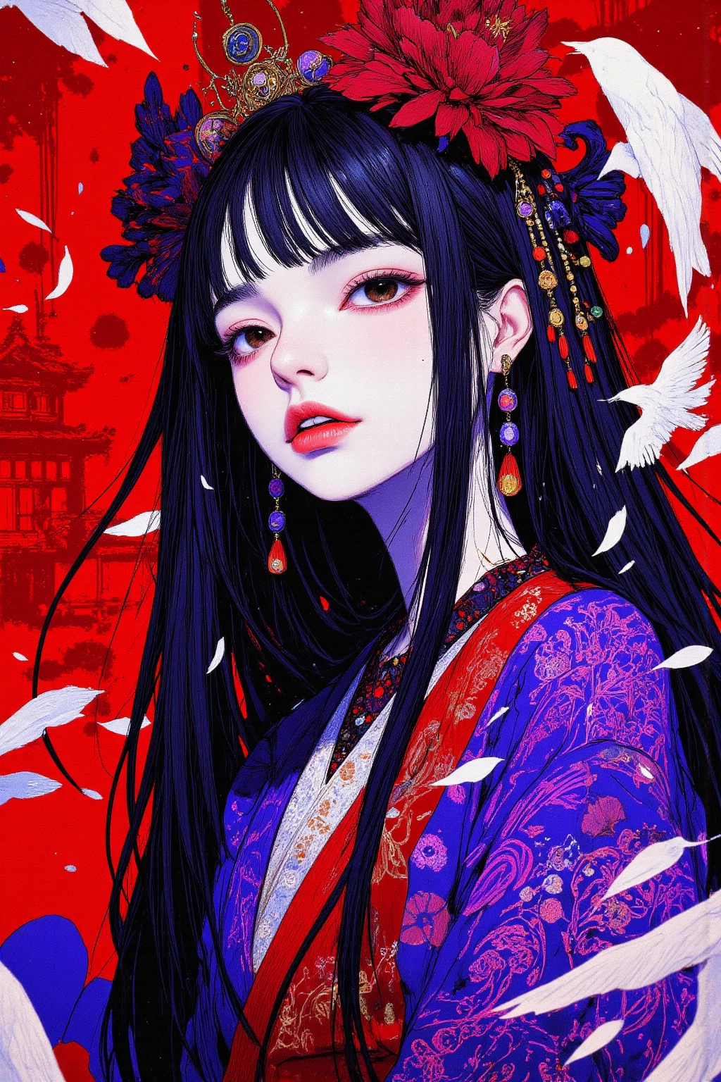 Portrait of a woman in mythical Japanese clothes drawn on a black background,in an Edo period castle town,skin with a ghost like white texture,Lifeless,Dark eyes without irises,uneasy expression,,Traditional Japanese tiled buildings in the background,Patterns engraved on kimonos,Horror Elements,with red and purple tones overall、dreamy and eerie atmosphere,high resolution, Dark fantasy illustration., Mysterious and strange ,    nightmarish concept art    ,ブラッドボーン  rpg concept art  ,   high definition character    ,超high resolutionの画像 ,   rpg concept art   , Bloodborne game character art ,Highly detailed line art, brightly saturated ink painting,  DMT Egodes  
