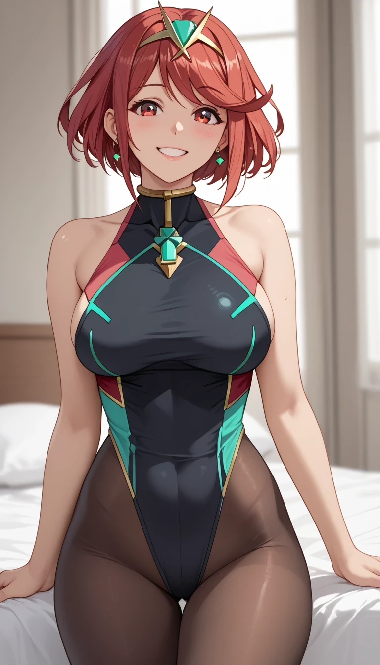 score_9, score_8_up, score_7_up, source_Anime Top Quality、8k、masterpiece、natural light、high accuracy、perfect anatomy、One woman、medium chest、saggy breasts:1.5、(pyra)、( Happy Expression 、fun expression、The highlight in my eyes)、red hair, short hair, swept bangs, bob cut, red eyes, tiara, earrings, highcut thong leotard, (super highcut)、side boob、perfect pantyhose、raises both hands