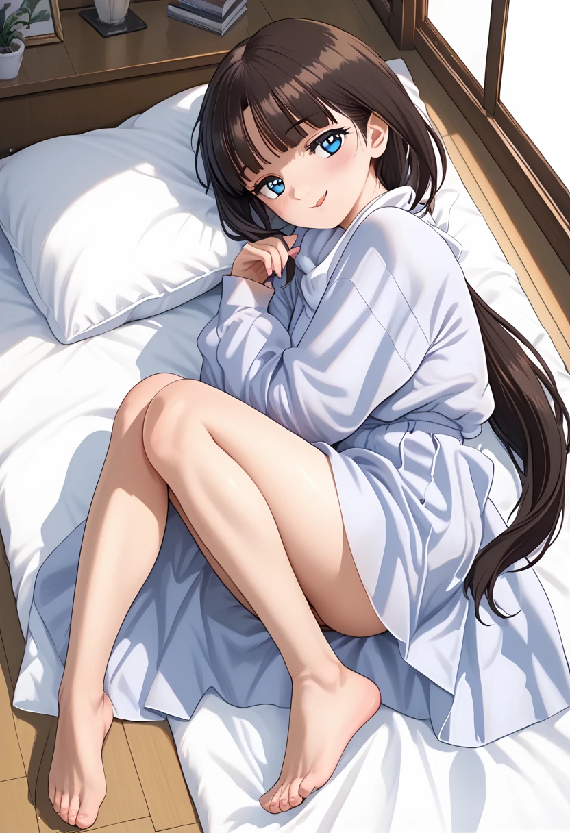 Girl wearing earphones listening to music、Lying on the floor in the room、Image of a person listening to music with their feet up on the bed、 (masterpiece) (Highest quality) (detailed) (8K)、detailedな背景、Portrait Photography、