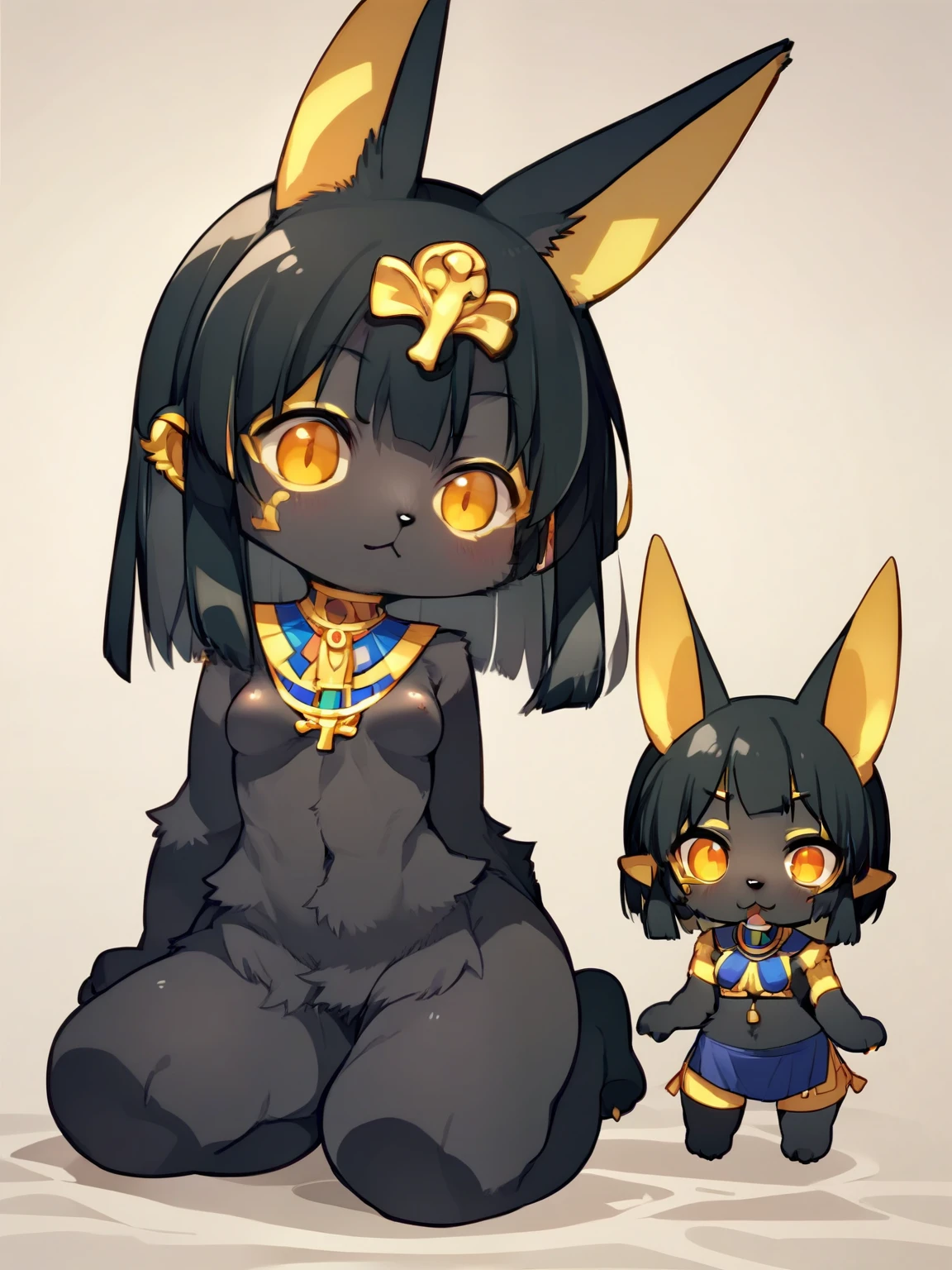 kemoshota boys, identical twins, naked shota, dynamic angle, Anubis boys, short height, short statue, Egypt adorns, masterpiece, fluffy fur, lovers, navel, looking at viewer, close-up