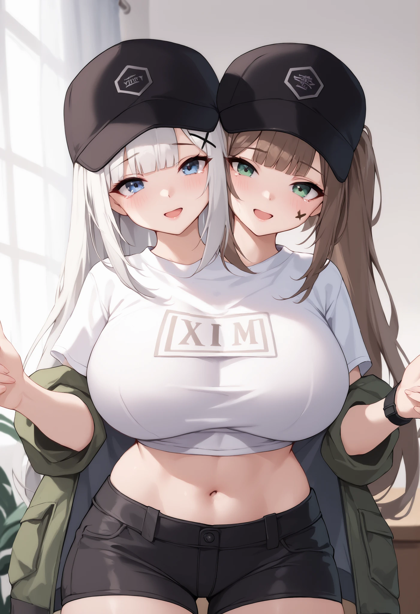 2girls, 2heads, a tall thin woman with 2 heads, dima, brown hair, blue eyes, baseball cap, HK416, hat, beret, black headwear, very long hair, white hair, x hair ornament, sidelocks, blunt bangs, green eyes, facial mark, teardrop, white crop top, black shorts, She is inside a bedroom. large breasts.