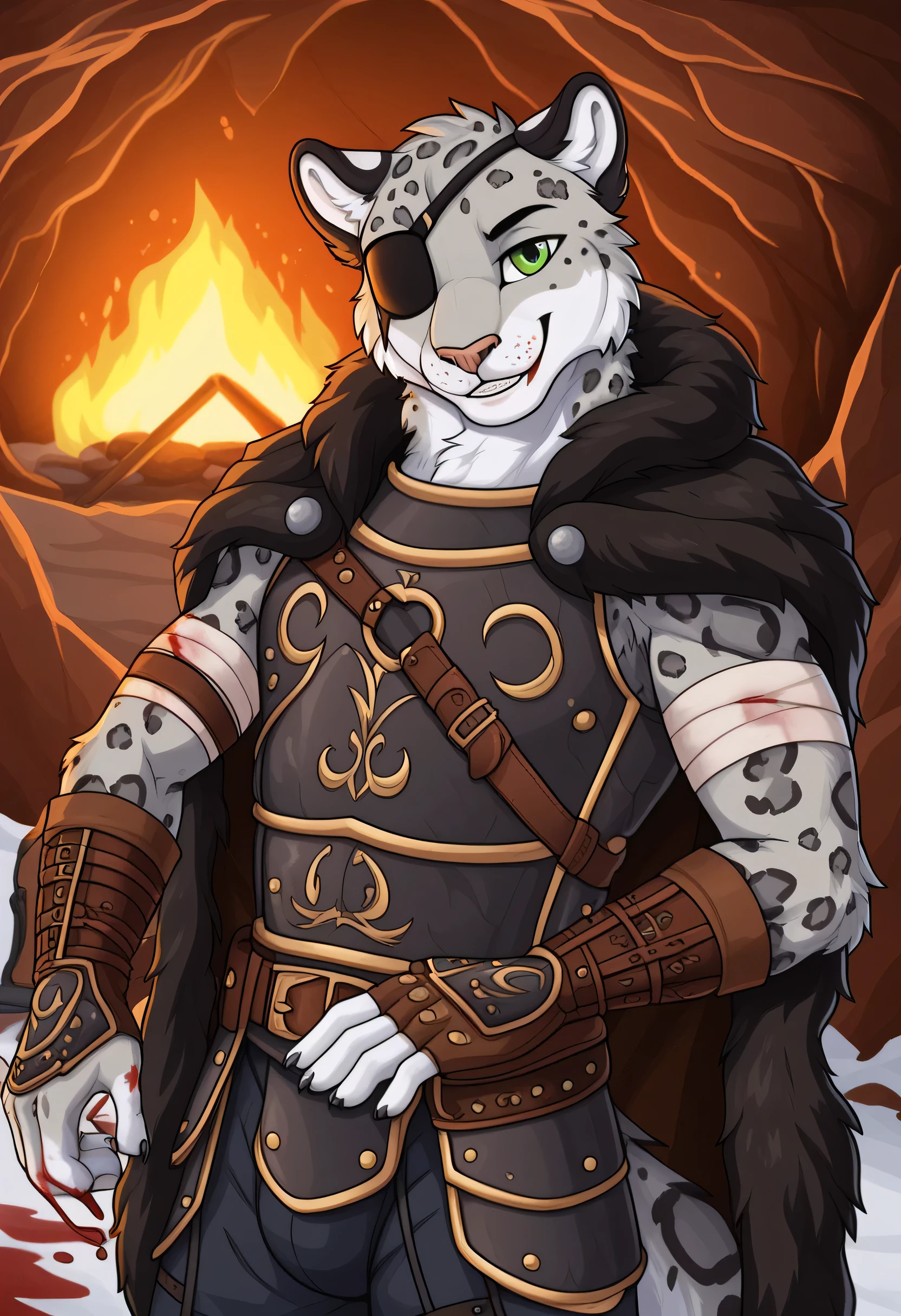 Very good figure, Super high resolution, detailed background, Furry, Snow leopard, male, solo, eye patch, Wide smile, leather armor, fur coat over armor, Green eye, in a cave, Outside cave snowy mountains, Bloody bandage on arm, camp fire, 