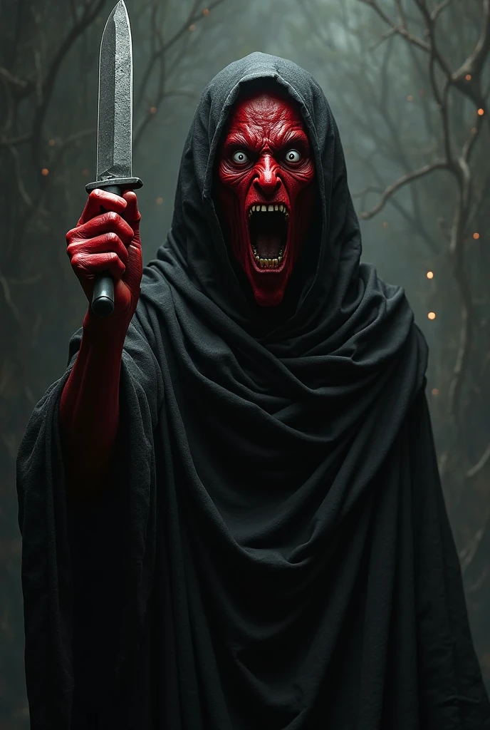 Red faced Lucifer with a black monk's hood looking straight ahead through a crack in a dark horror environment of fog and shadows