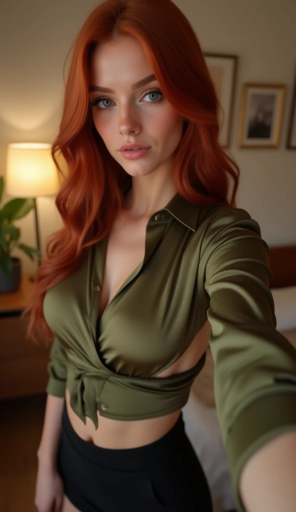 A ginger-shaped girl, standing in the room, green shirt tied, huge breasts, looking at the viewer, high quality.