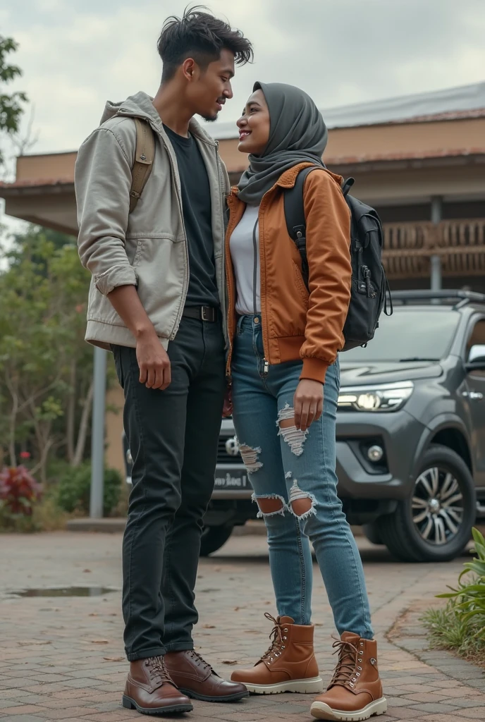 Boy and hijab girl ,illustration,detailed eyes,detailed lips,long eyelashes,extremely detailed face,smiling,joyful expression,curly hair,dark hair,beautifully patterned hoodie,comfortable and relaxed posture,inside the car,natural sunlight streaming through the window,(best quality,4k,8k,highres,masterpiece:1.2),ultra-detailed,realistic,happy and vibrant colors,girl wearing a colorful hijab,boy wearing a red hoodie,soft and warm color tones,soft lighting,joyful and optimistic atmosphere.