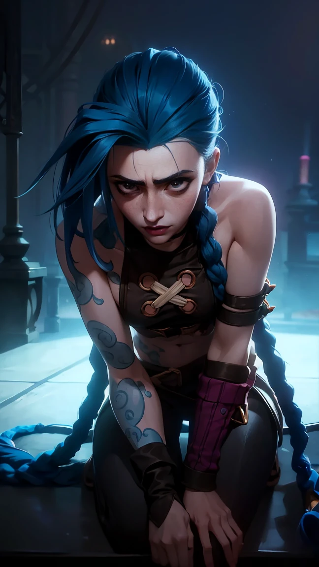very sexy, crazy look, длинные синие hair заплетены в косы, full length (full body 1.1.), tight leather pants, Jinx's character design, stands on the edge of the roof, fantasy city, night, explosions, fire, Sparks, Purple Flashes, beautiful figure, Arcane Curse, Bright blue and purple Sparks all around, burning eyes, Pink Shiny eyes, длинные hair, hair, braided in long braids, Pigtails hang below the knee, Hair color changes from bright blue to navy blue., leather boots on the feet, Top with four gold circles on the chest in the middle of the chest., Blue cloud tattoo on shoulders and waist., long bangs, hanging on the right side, чрезвычайно подробные обои CG Unity 8k, detailed light, Cinematic lighting, Chromatic aberration, sparkling, inexpressive, epic composition, dark in the background, Chereter Design, very detailed, detailed body, Vibrating, detailed face, sharp focus, anime art, Vibrating, detailed face, Hugh Details, sharp focus, Detailed eye, Super lovely illustration, best shadow, finely detail, beautiful detailed glow, beautiful detailed, extremely detailed, inexpressive, epic composition,