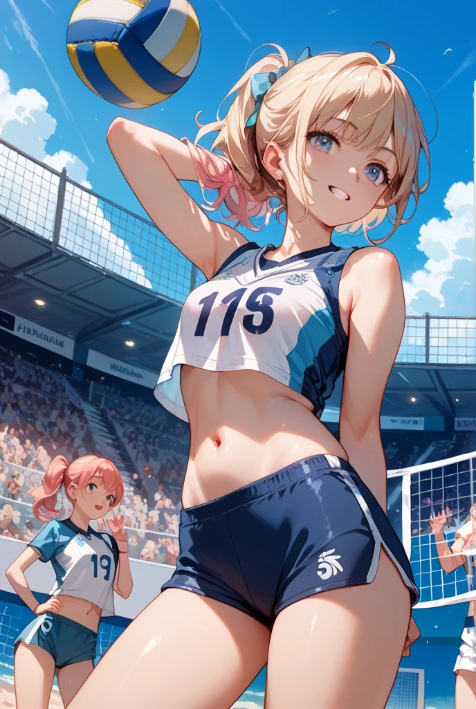 unity 8k wallpaper, anatomically correct, (((masterpiece))), (((best quality))), (((ultra detailed))), (((high-resolution))), ((super fine illustration)), ((Ultimate cutie)), ((detailed beautiful face)), perfect hands, perfect finger, (((good anatomy))), BREAK, multiple girls, lovingly gaze, harem, group picture, , (potbelly), (Curve), medium breasts, ((thick thighs)), Shiny hair, (((coquettish smile))), (((blush))), BREAK, Adidas, Sleeveless collared Volleyball Uniforms, ((wristbands)), BREAK, (Hold the beautiful spherical 6-inch volleyball), ((Sweat)), (perspired), (Heavy breathing), in gymnasium, in volleyball court, depth of field, strong light, cowboy shot,,