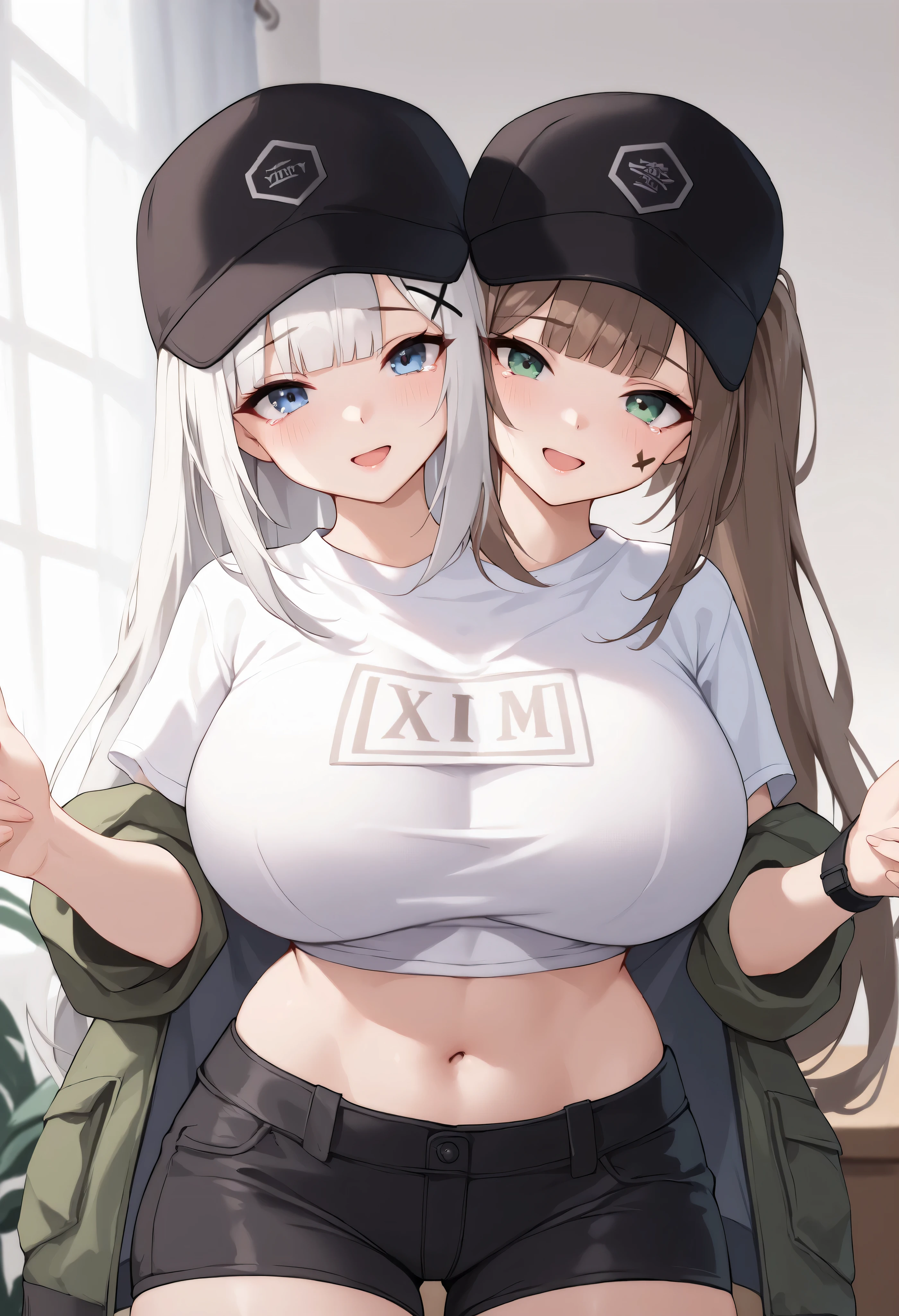 2girls, 2heads, a tall thin woman with 2 heads, dima, brown hair, blue eyes, baseball cap, HK416, hat, beret, black headwear, very long hair, white hair, x hair ornament, sidelocks, blunt bangs, green eyes, facial mark, teardrop, white crop top, black shorts, She is inside a bedroom. large breasts.