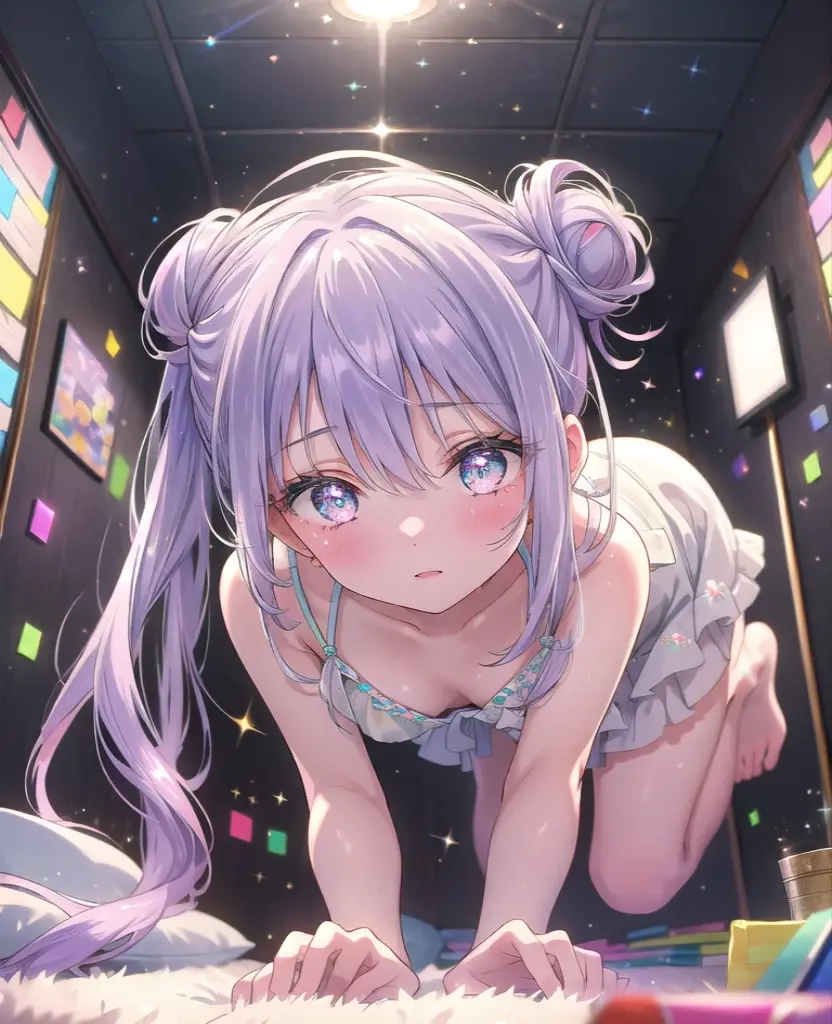 ((8k, Highest quality, masterpiece: 1.3)),Ultra-high resolution,(1 girl, alone), (Color changing eyes, Ultra-detailed, Expressive brilliance, Glitter, Glowing Eyes), Highly detailed eyes, Highly detailed face, Random Hair, ((pastel colour))A shy young woman with pastel lavender hair styled into a messy bun, positioned on all fours like a timid rabbit on the carpeted floor of her bedroom during a quiet afternoon. She is wearing a soft cream bikini with subtle ruffles that add to her innocent and delicate appearance. The camera captures her from a low, frontal angle, focusing on the way her hands and feet press into the carpet as she shyly looks down, her body slightly curled inwards, her expression gentle and reserved. The soft, diffused light creates a warm and cozy atmosphere, enhancing the gentle and demure mood of the scene.