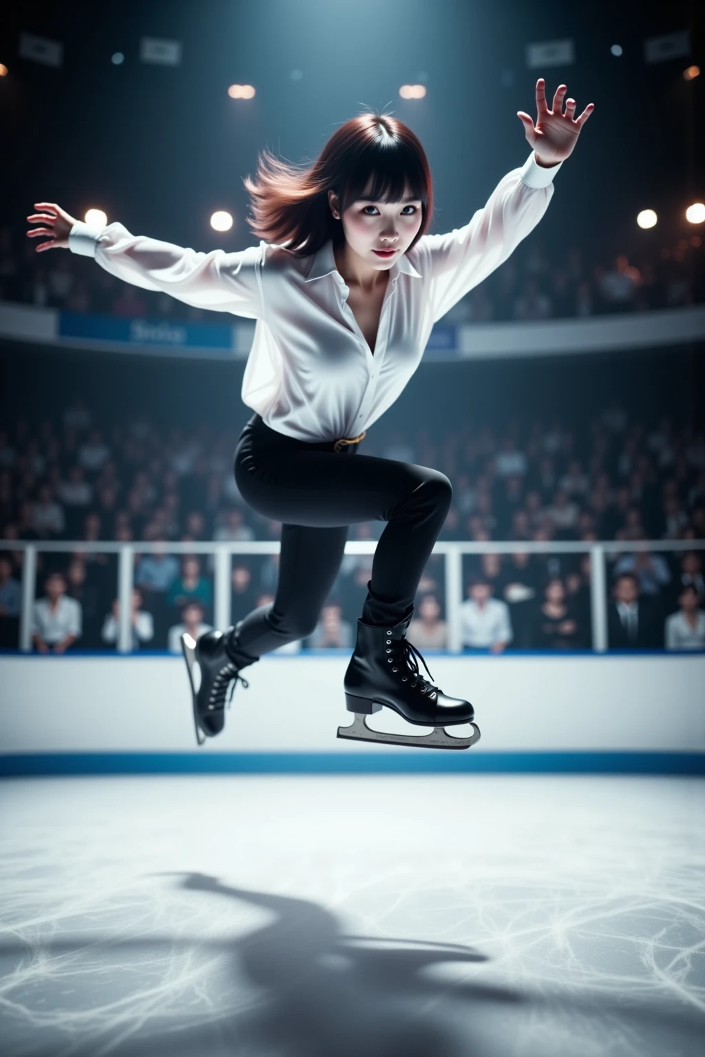 (Athlete), On the skating track, athletes wearing ice skates are gliding at high speed, with a light body. The background is the audience, full body, (Photography), panoramic view, award-winning, cinematic still, emotional, vignette, dynamic, vivid, (masterpiece, best quality, Professional, perfect composition, very aesthetic, absurdres, ultra-detailed, intricate details:1.3)