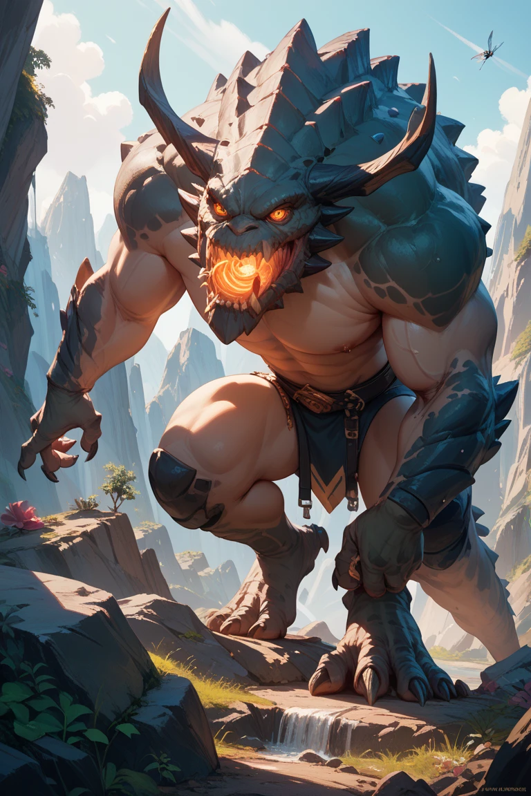 Solo Sexy young anthro scalie dragon male mercenary medieval solider, slim endomorph muscular, anthro handsome gay shorter muzzle, handsome gay model male apperance, sword scars, worn out leather skimpy armament, low on hips heavy leather belt, old very worn out skimpy dirty linen material jockstrap, old yellow dirty worn out stains on white sawn jockstrap, very visible "x" brown seam pattern on the jockstrap, studded skimpy armlets breastplate armor, skimpy breastplate, grey sharp husk, leather bondages, fingerless leather gloves, smelly unwashed husk, dirty body look, desert battlefield, standing in sexy victorious position above me, agressive dirty playfull grin, he is looking down into my eyes, first person view of view from ground under his close jockstrap