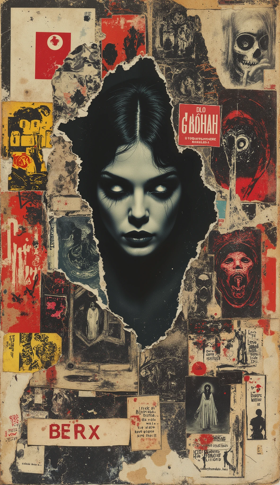 film(1929), directed by Luis Buñuel. Surreal retro collage artwork composed of cutouts from vintage horror magazines, chaotic and rebellious composition, torn paper textures, bold pop colors, absurd juxtapositions, sinister nostalgic aesthetic. Hidden within the vibrant scene is a strange woman in black and white — subtly integrated, fragmented and partially obscured, immovable in the midst of chaos. At first sight, imperceptible, but revealed upon closer inspection. It evokes mystery and contrast, combining nostalgia with silent rebellion and horror.