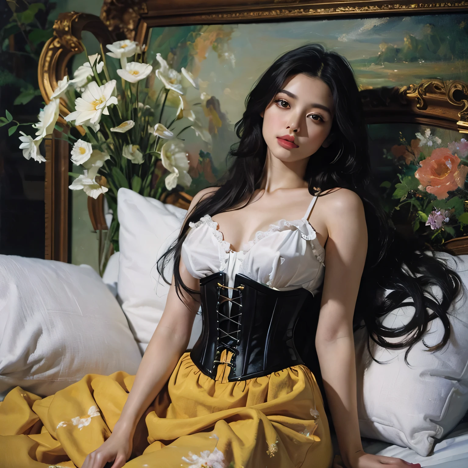 A half-asian, asian-european, woman with black wavy hair in the style of a greek goddess, with bronze skin posing as a seductive temptress with porcelain skin and blood-red lips, framed by the opulent trappings of a Victorian parlor. Inspired by Pre-Raphaelite art, her form is ethereal and romantic, with flowing locks and delicate features that evoke the beauty of a bygone era. smiling, large breast, sitting in a Victorian Parlor, her elegant gown ripped open revealing her breasts and navel
