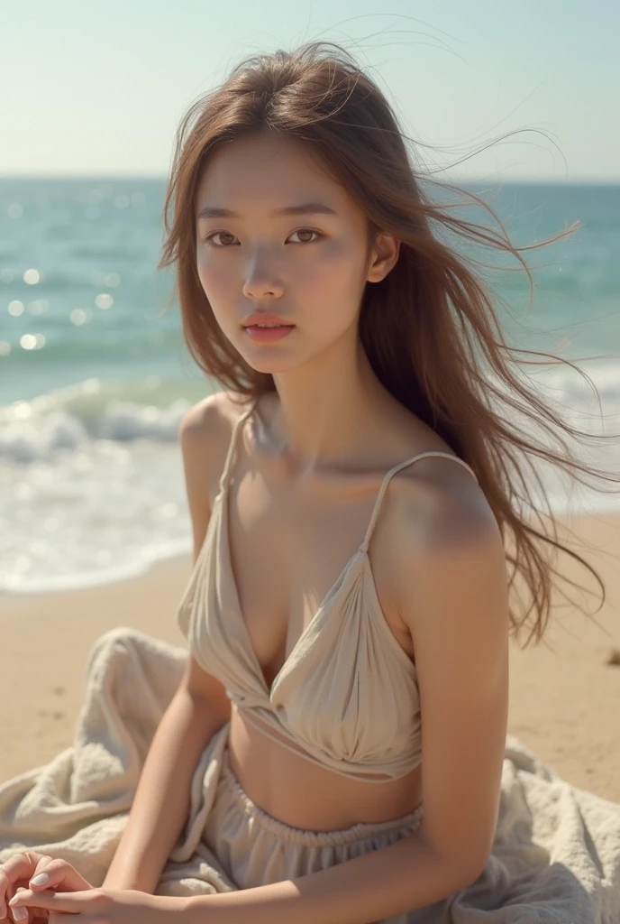 Japanese girl in, age 25, beautiful face, brown Long hair, Looking at Viewer, jewelry, Realistic, A skirt, white sweater outfits,, beach background,sarangheo, free pose,Hd