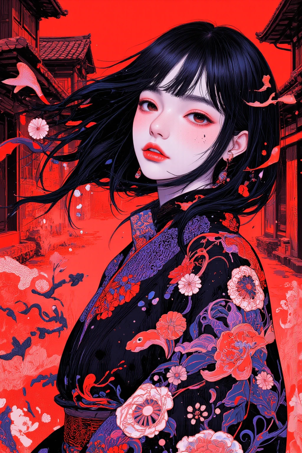 Portrait of a woman in mythical Japanese clothes drawn on a black background,in an Edo period castle town,skin with a ghost like white texture,Lifeless,Dark eyes without irises,uneasy expression,,Traditional Japanese tiled buildings in the background,Patterns engraved on kimonos,Horror Elements,with red and purple tones overall、dreamy and eerie atmosphere,high resolution, Dark fantasy illustration., Mysterious and strange ,    nightmarish concept art    ,ブラッドボーン  rpg concept art  ,   high definition character    ,超high resolutionの画像 ,   rpg concept art   , Bloodborne game character art ,Highly detailed line art, brightly saturated ink painting,  DMT Egodes  
