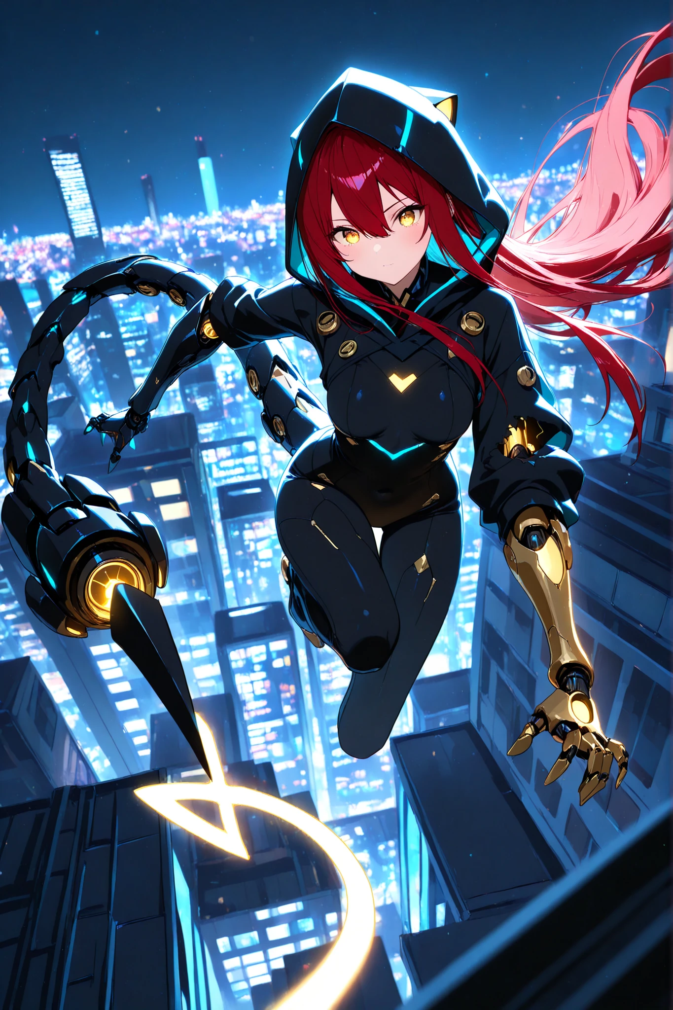 (EyesHD:1.2), masterpiece, 1 girl , golden eyes , very long hair , long sidelocks, red hair , petite , very cute , beautiful ,Straight hair, cool, handsome, hair between eyes, sexy, female, medium breasts, lovely, (cute face, kawaii, very cute), solo, mechanical tail, turquoise hair, glowing circuits, mechanical arm, mismatched arms, one mechanical claw, hand, hoodie, hood up, torn sleeve, leaping, midair, crouch, night, city, rooftop, jumping between rooftops, wide shot, best quality, ultra-detailed, very aesthetic, sharp focus, depth of field, vibrant colors, ray tracing, best lighting, detailed illustration, detailed background, cinematic, beautiful face, beautiful eyes, ,Hiori Light Art, Backlight