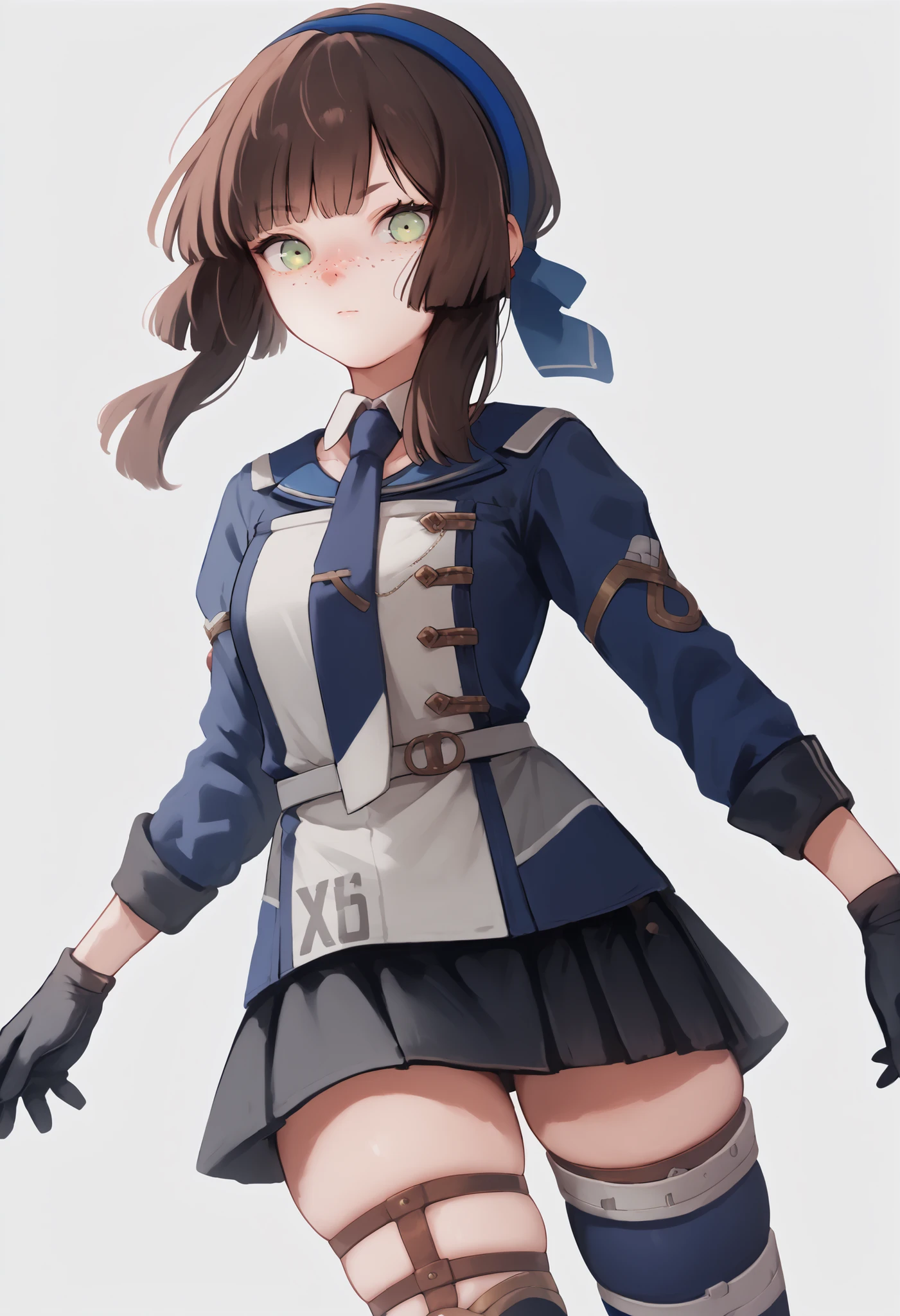 mogadorKC, green eyes,thighhighs, black gloves,long sleeves,pleated skirt, necktie, miniskirt, black skirt, thigh strap, freckles, asymmetrical legwear,blue hairband,white belt,