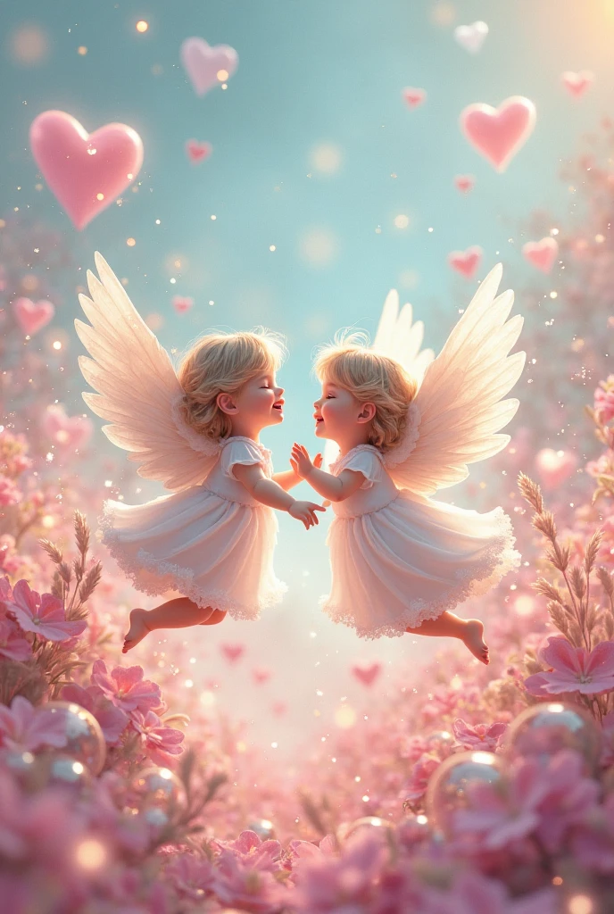  angel boy with pant fly to play with 2 yearrt hair girl toddler o  stand on the bench in flowery garden,bright white
 morning