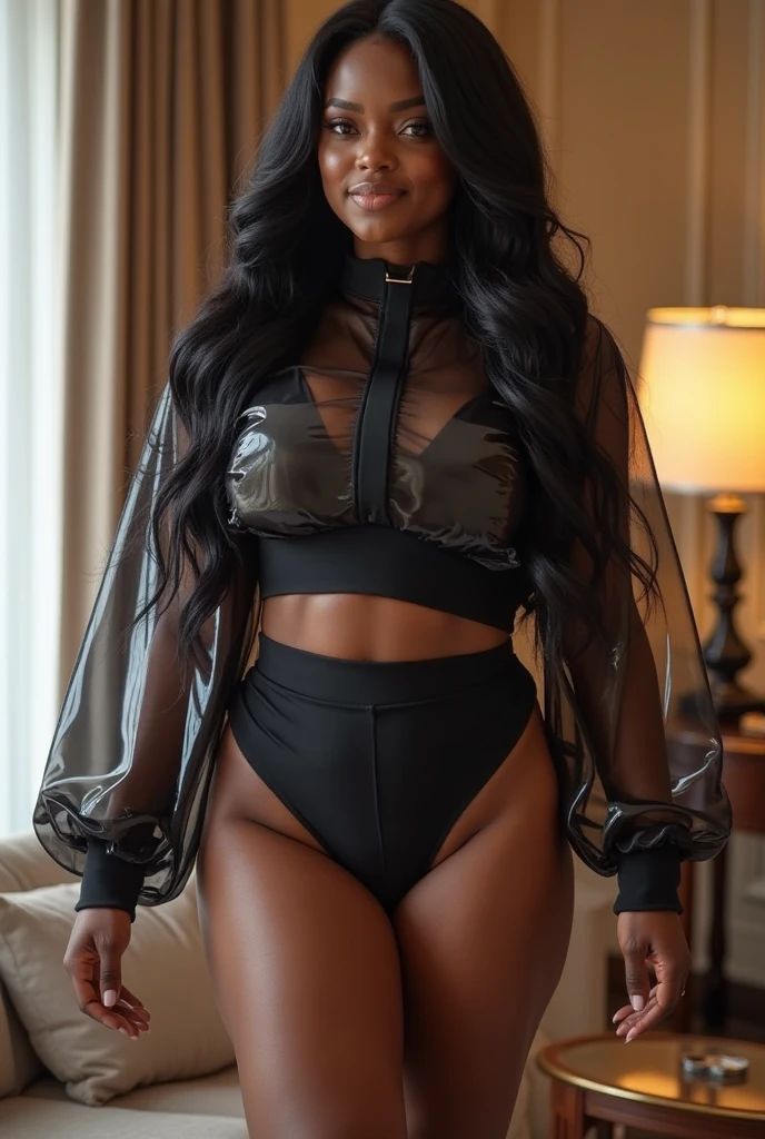 Prompt: 22 years old african girl, black eyes, black straight hair,looking_at_viewer,medium tight , 5.1 foot height ,short height , huge hips , huge humugus ass,Dark black skin color, chocolate skin color, perfect eyes, perfect skin detailed skin,big ,she is in party wearing party clothes luxurious background ,beautiful fingers and nails , (4k, ultra detailed)
