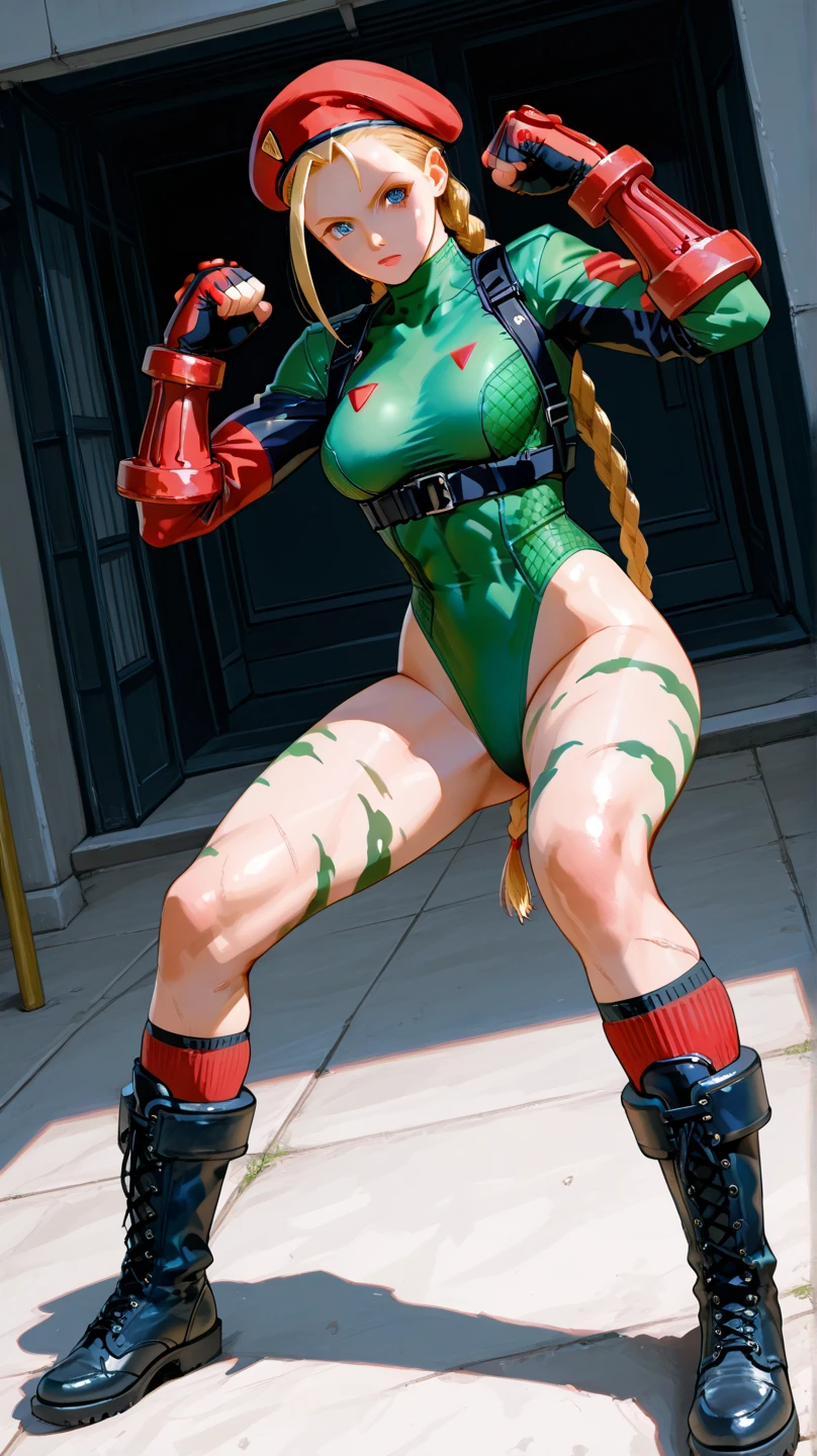 masterpiece, Highest quality, High resolution, One person, Cammy White, Twin Blade, Long Hair, Blonde, Antenna Hair, beret, (Red Hat:1.3), blue eyes, Wounds on the cheeks, Green leotard, Large Breasts, No sleeve, Red gloves, Fingerless gloves, Camouflage, Cowboy Shot, Are standing, Outdoor, Combat Stance, Straight,