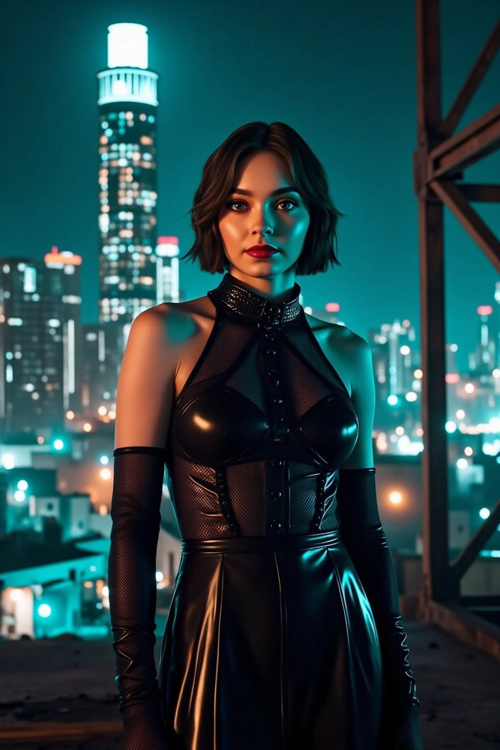 ((( face de Joey King))) This image shows a female angel hovering over a city at night.. The city lights create a golden and dramatic atmosphere, while its delicate presence and dark wings contrast with the urban environment. The woman appears protective and watchful.