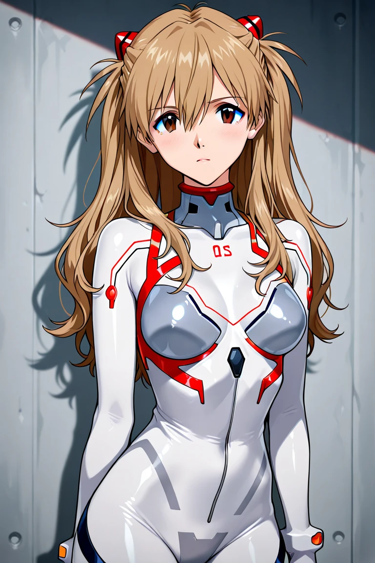 evangelion, Mari Makinami, blue eyes, light brown hair, Two long pigtails, red glasses with sharp edges and no upper frame, pink and white entryplug, letters 08 between the breasts,