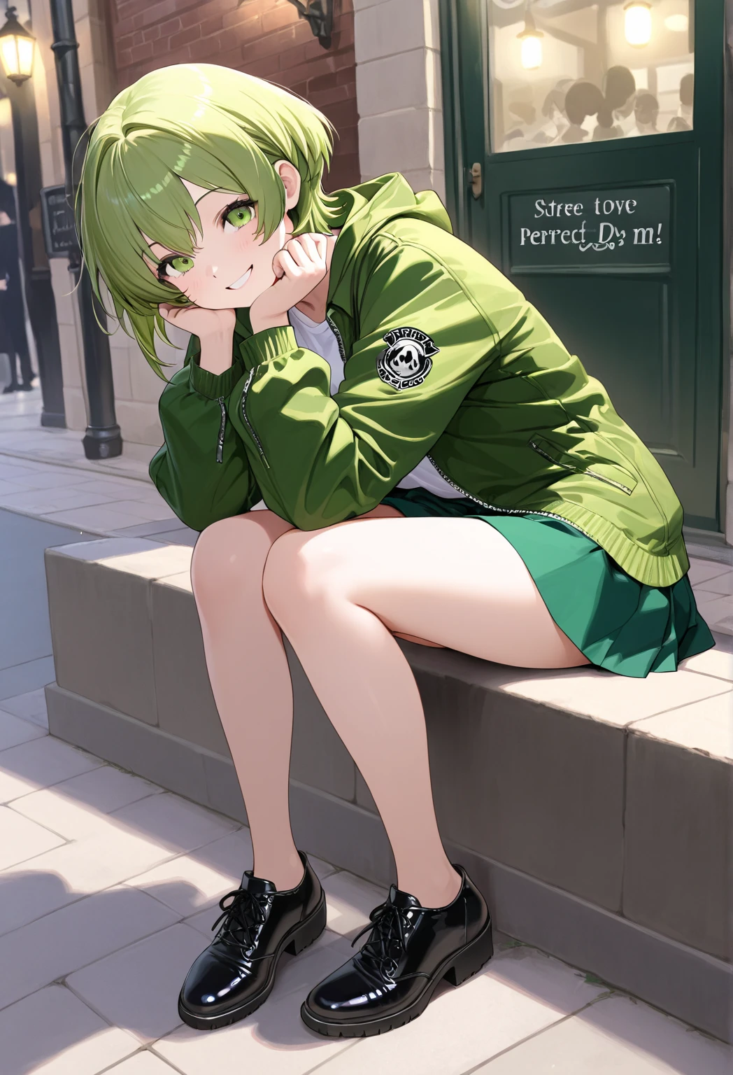 1girl, yellow eyes, green hair, short hair, green robe with white shirt, masterpiece, best quality, looking at viewer,  facing viewer,  white skirt, white shirt, street, bare legs, smile, sitting on bench, ((from below)), white socks, seashore, outdoors, sea, beach, red bag, open mouth, dappled sunlight, sunny, blue sky, ((sea)), impressionism, chromatic aberration, lower teeth, ((v-shaped eye)),  (v-shaped eyebrow), hand up,