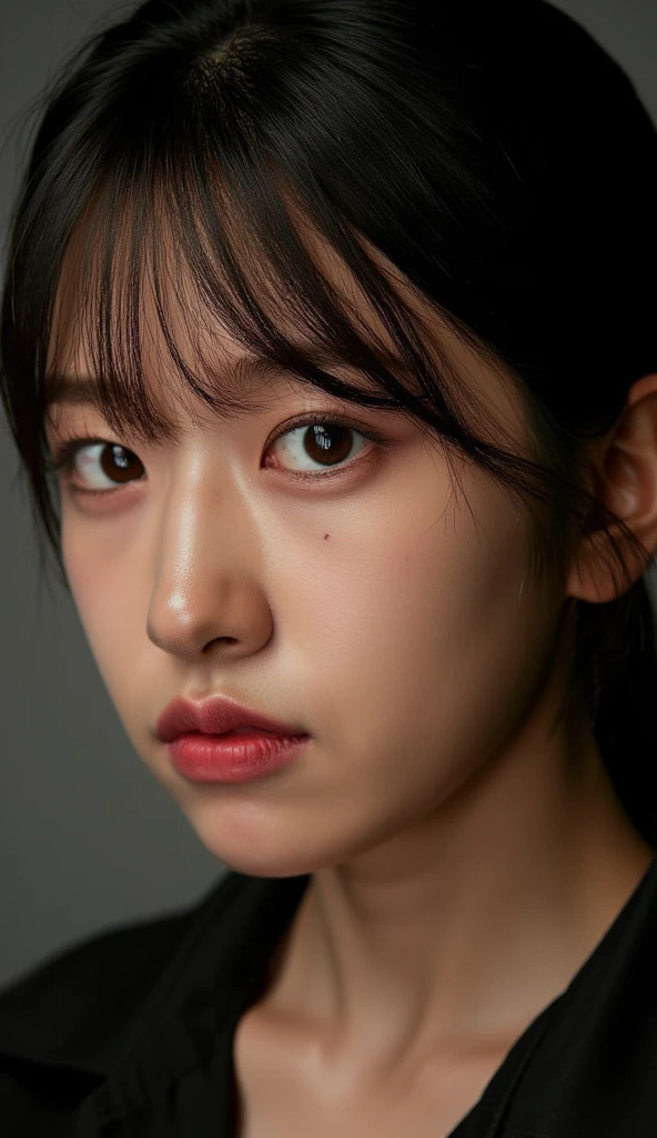iveyujin,
woman, (closed mouth), ((ruined makeup)), Nikon RAW photo,8 k,Fujifilm XT3, (black hair), upper body, portrait:1.2, closeup:1.2,
realistic, (natural skin texture, soft light, sharp:1.2), masterpiece, best quality, realistic, photorealistic,ultra detailed,perfect lighting,
(white shirt:1.2), ((black background:1.2))),
<lora:iveyujin:1><lora:ruined:0.7>