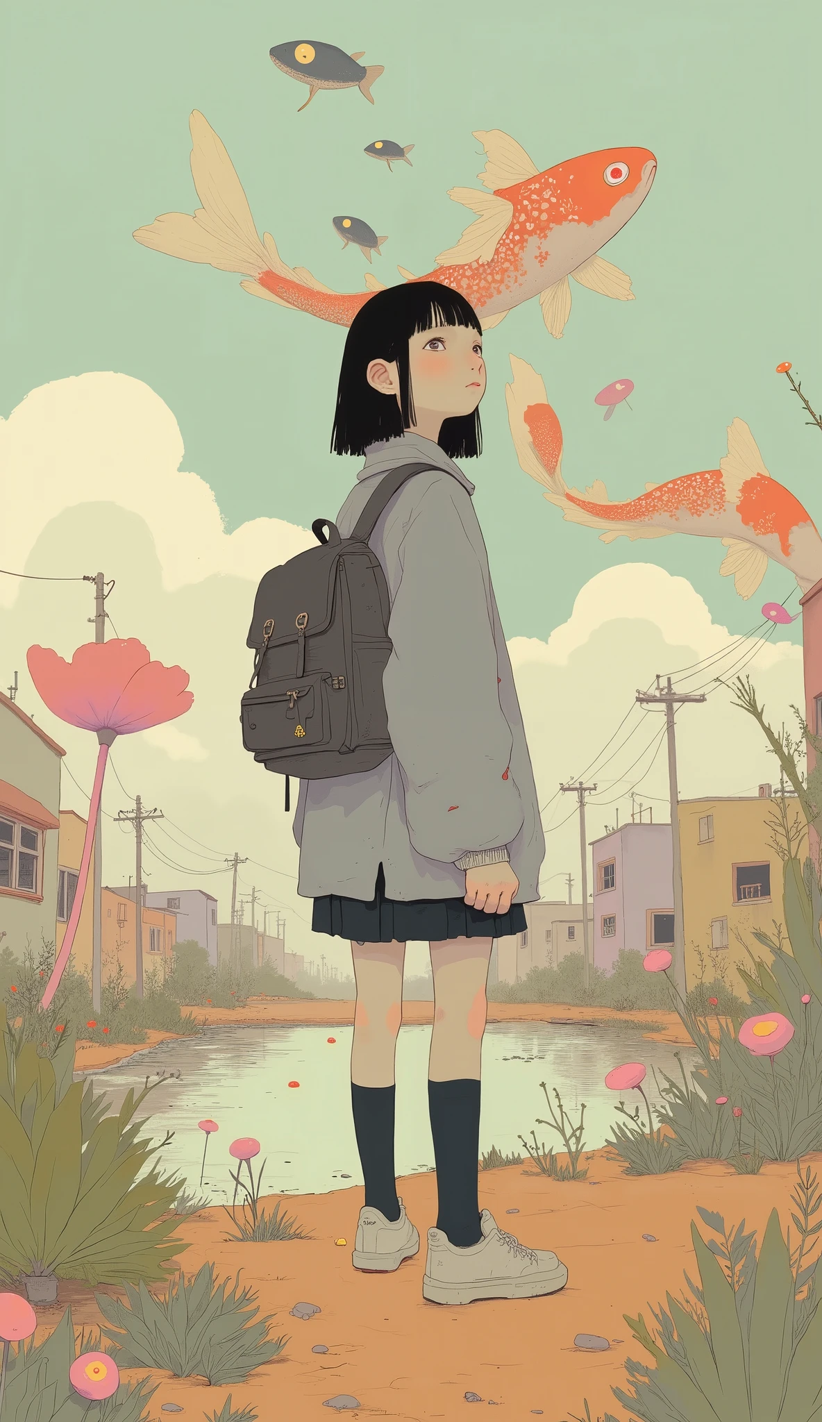 A young student stands alone with a thoughtful expression, Looking up to the sky。A lot of long cloth with colorful oversized koi printed on it floats on her, Alluding to the theme of imagination and exploration. The student is wearing a uniform with a backpack, Alluding to the theme of imagination and exploration. The setting is minimal , soft, A landscape in pastel tones in the background. carp streamer、The atmosphere is dreamy , With a warm and delicate color palette、kind, Imaginative scene.