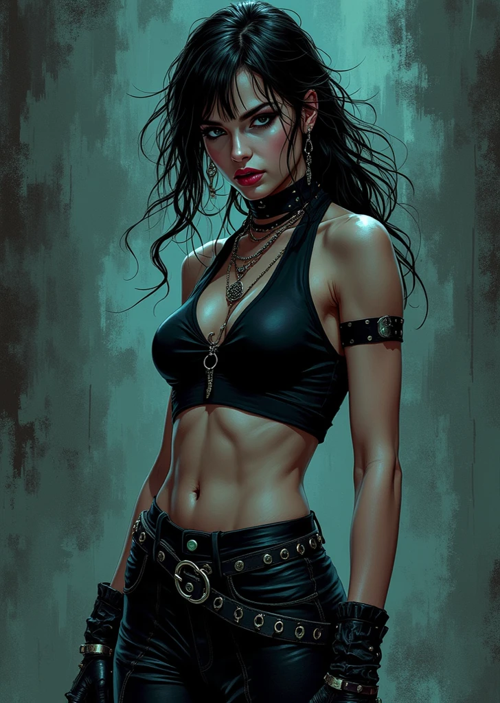 8k, best quality, beautiful tough adult woman, slimthicc, average height, medium length messy black hair, large breasts, large toned ass, human skull bone mask, angry eyes, black hair partially covering her face, wet skin, furrowed brow, black leather corset, no sleeves, chain link chest accessory, dirty black baggy pants with off-white patches, athletic, fit, pale white skin, shredded waist, pale blue eyes, beautiful, strong, hdr, black eye makeup, chain link wrapped around tits, outdoors, cloudy, ruined cityscape, raining