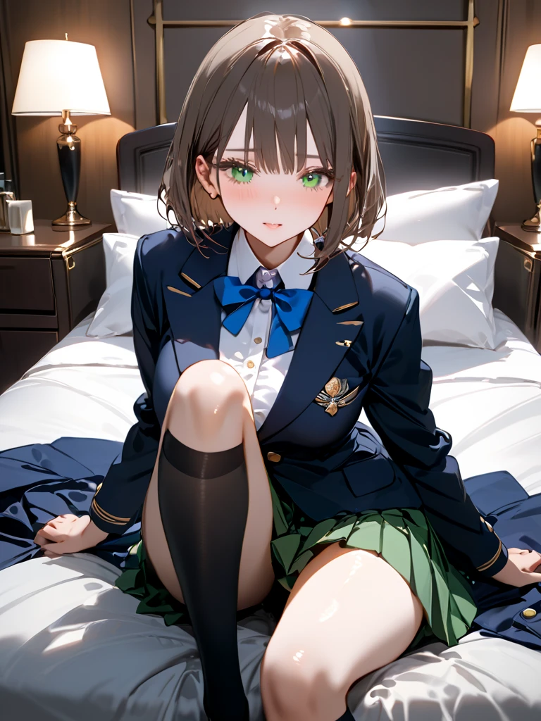Top-High quality、Highest image quality、masterpiece、high contrast、Vulgarity、high school girl、on the bed、brown hair、bob cut、uniform、(brown blazer)、ribbon tie、(Green and gray plaid skirt)、(black tights)、cinematic lighting、fine shading