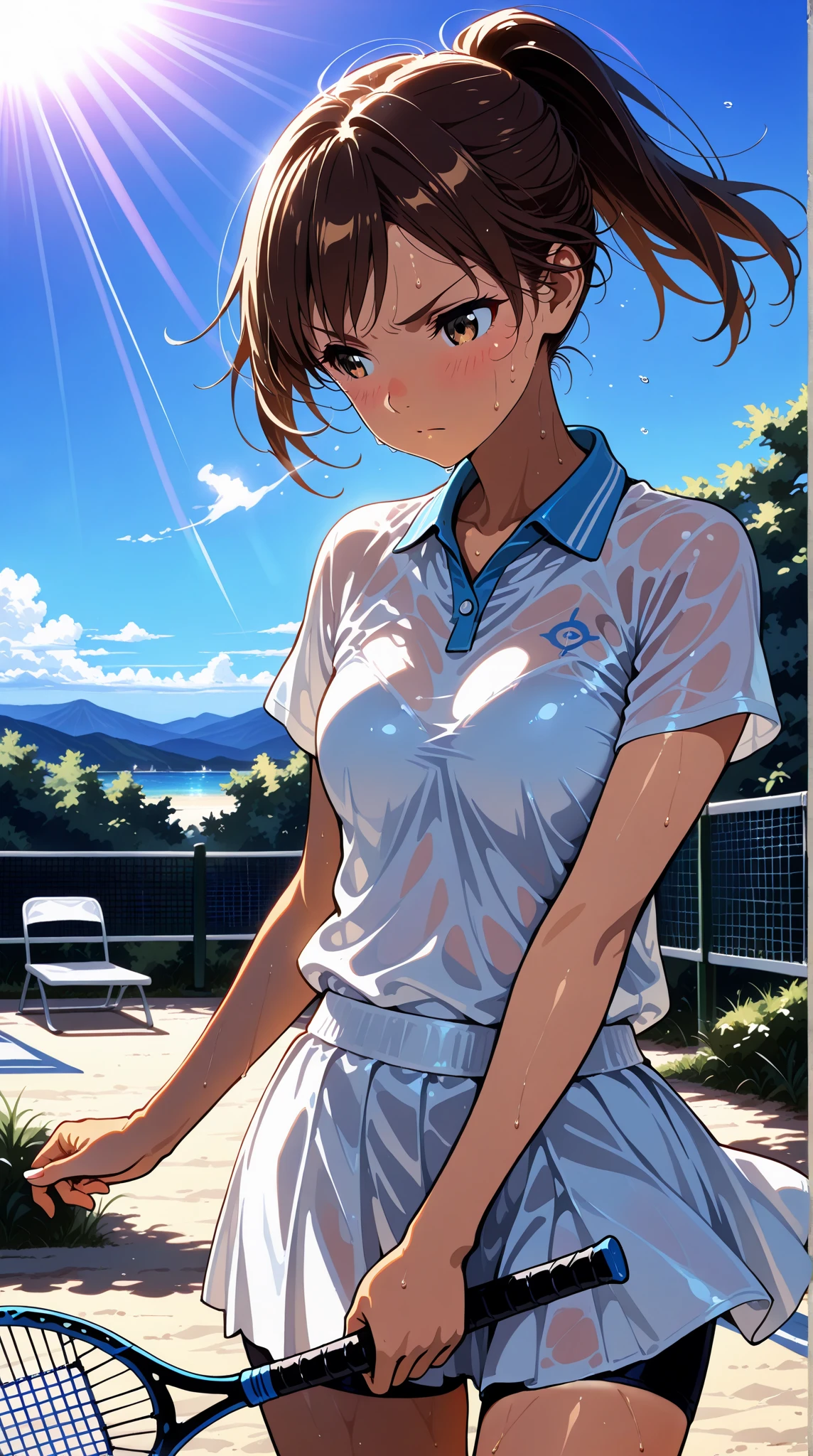 (masterpiece:1.2, highest quality), (realistic, photorealistic:1.4), beautiful illustrations, (natural side lighting, movie lighting), 
looking at the viewer, cowboy shot, Front view, 1 girl, Japanese, high school girl, perfect face, Cute symmetrical face, (shiny skin, sweaty:1.4), baby face, 
(short hair:1.2, twin tails:1.5, light brown hair), hair between eyes, gold eyes, (medium breasts, seductive thighs, big ass), 
beautiful hair, beautiful face, detailed and beautiful eyes, beautiful clavicle, beautiful body, beautiful breasts, beautiful thighs, beautiful feet, beautiful fingers, 
((white polo shirt, white sneakers, tennis wear, navy mini skirt), 
(beautiful scenery), evening, outdoor, null, realistic pupils, (cute smile, upper eye), 